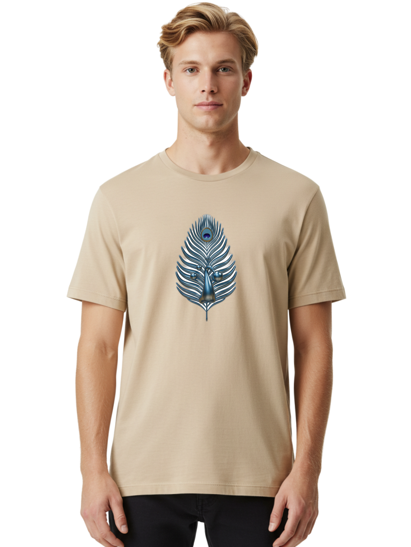 Peacock-Feather-10 Men'S Graphic Tee, 100% Cotton, Comfortable Casual Summer Wear, Machine Washable, Luxury Feather, Peacock Plumage, Ornate Design, Metallic Sheen, Vibrant Blue Eye, 3D Effect, Decorative Element, Chrome Accents, Bab108