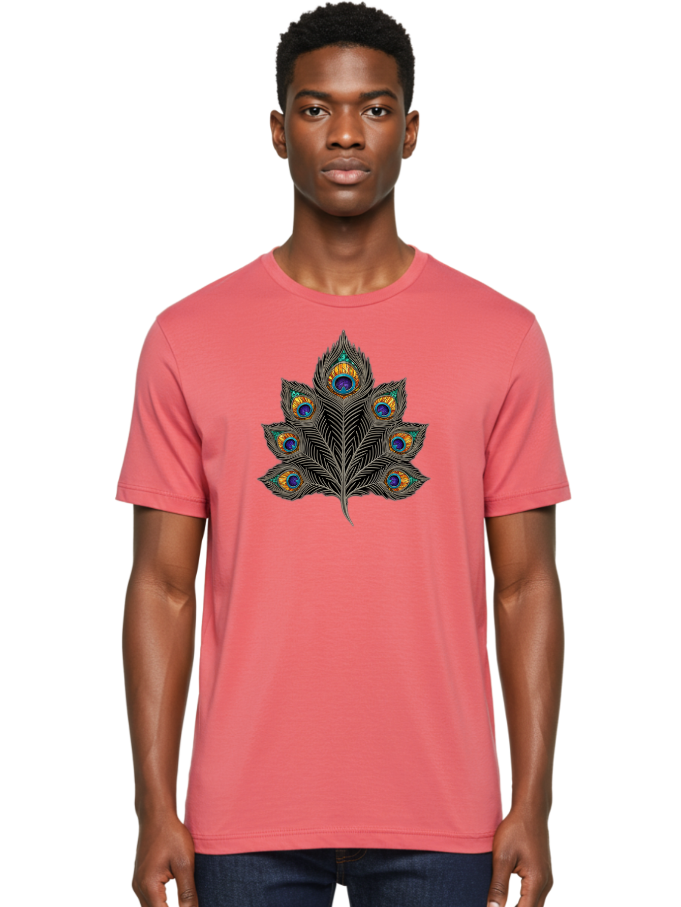 Peacock-Feather-11 Men'S Graphic Tee, 100% Cotton, Comfortable Casual Summer Wear, Machine Washable, Vibrant Peacock Feather, Colorful Plumage, Blue And Orange Eyespots, Intricate Details, Ornate Pattern, Majestic Bird, Symbolic Feather, Bab109