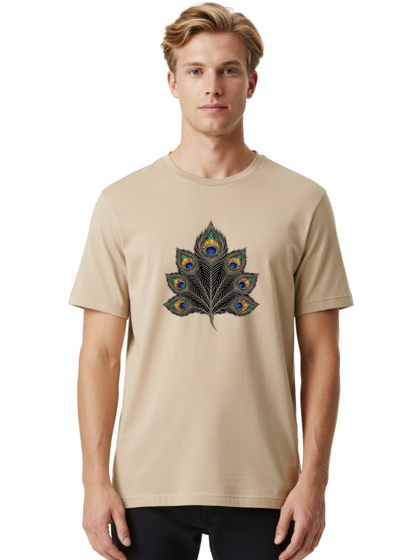 Peacock-Feather-11 Men'S Graphic Tee, 100% Cotton, Comfortable Casual Summer Wear, Machine Washable, Vibrant Peacock Feather, Colorful Plumage, Blue And Orange Eyespots, Intricate Details, Ornate Pattern, Majestic Bird, Symbolic Feather, Bab109