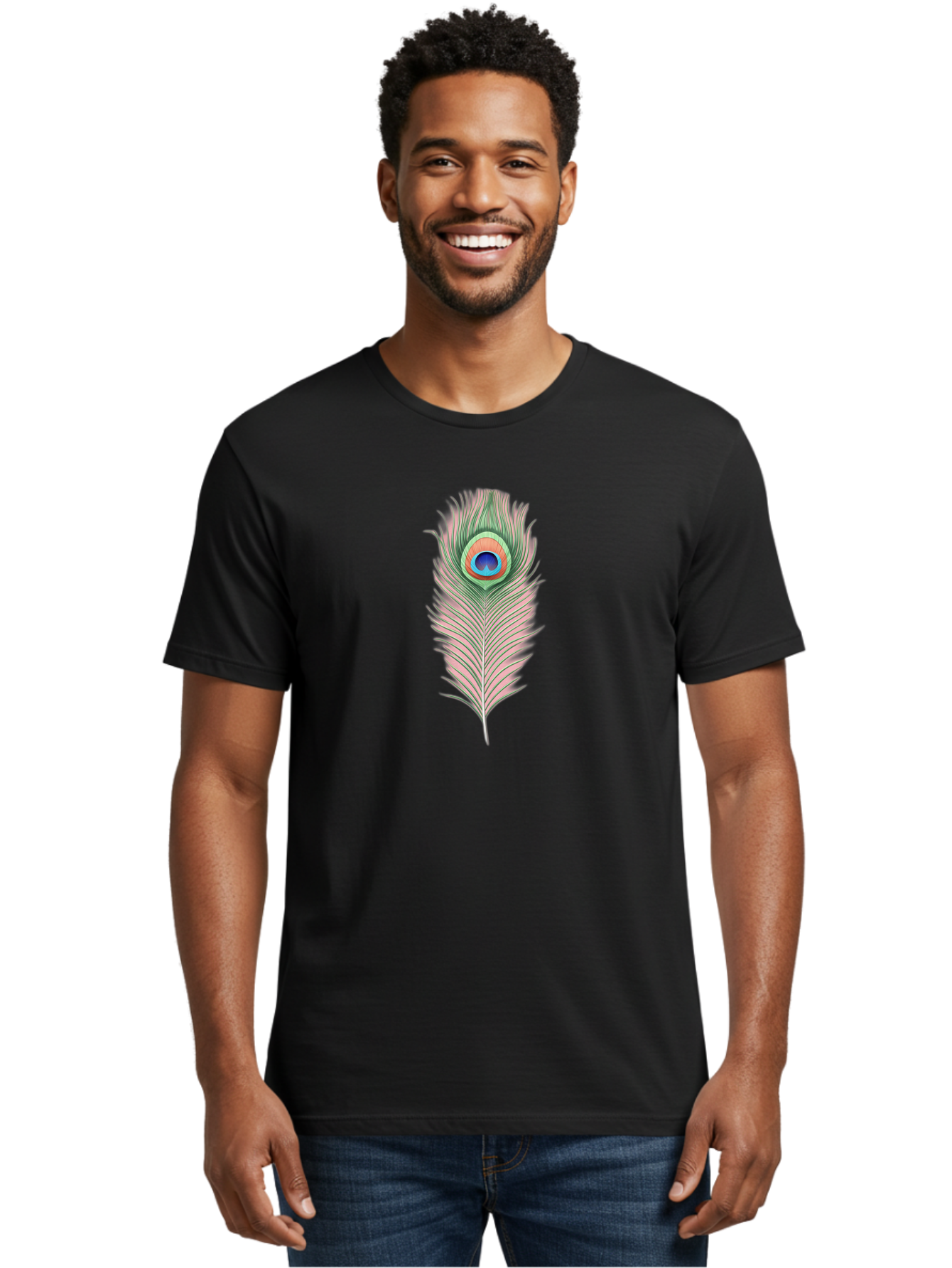 Peacock-Feather-3 Men'S Graphic Tee, 100% Cotton, Comfortable Casual Summer Wear, Machine Washable, Peacock Feather Illustration, Colorful Plumage, Vibrant Eye, Bird Anatomy, Nature Graphics, Exotic Design, Ornamental Art, Bab111