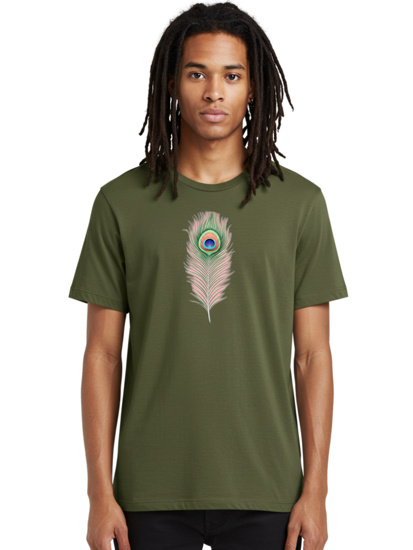Peacock-Feather-3 Men'S Graphic Tee, 100% Cotton, Comfortable Casual Summer Wear, Machine Washable, Peacock Feather Illustration, Colorful Plumage, Vibrant Eye, Bird Anatomy, Nature Graphics, Exotic Design, Ornamental Art, Bab111