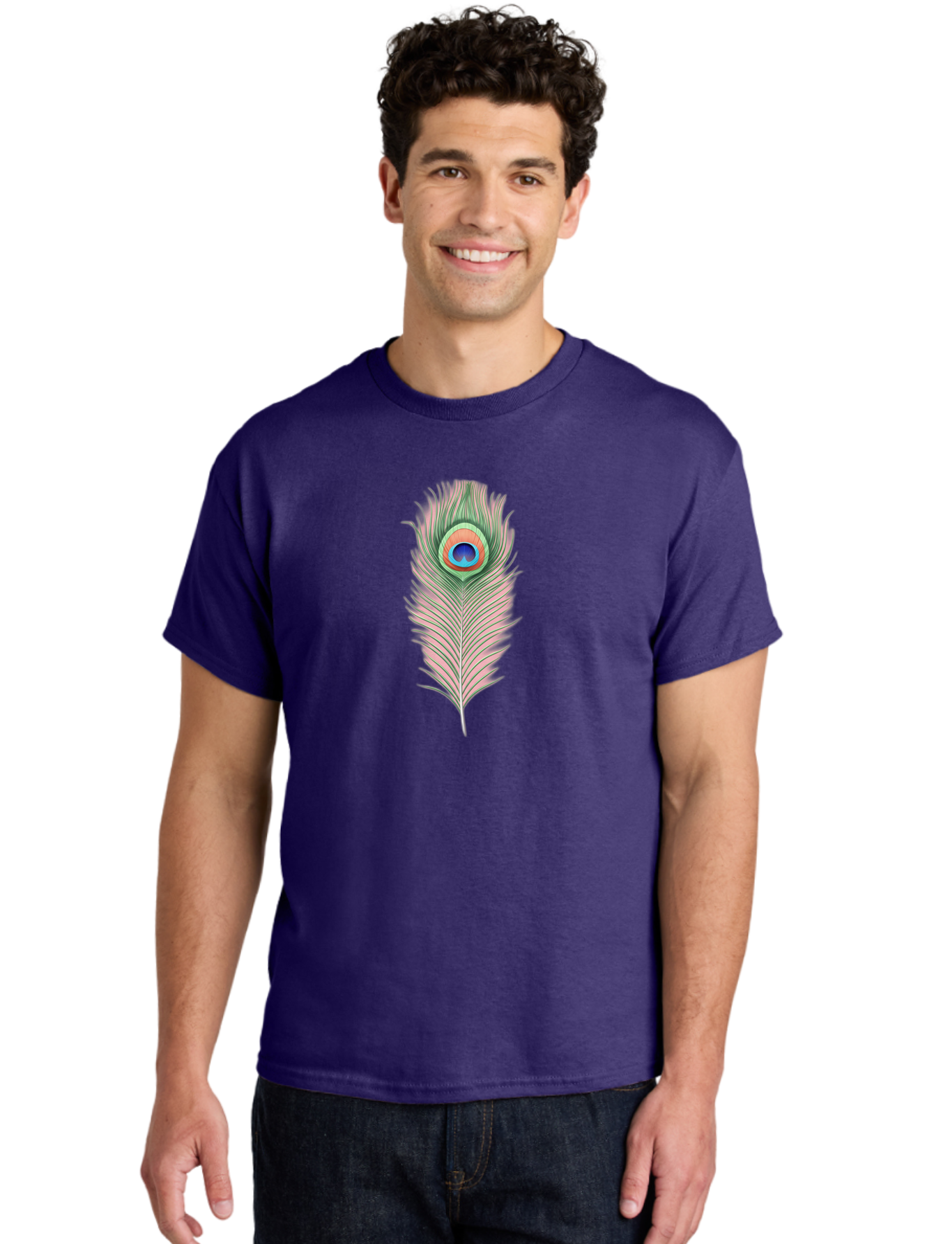 Peacock-Feather-3 Men'S Graphic Tee, 100% Cotton, Comfortable Casual Summer Wear, Machine Washable, Peacock Feather Illustration, Colorful Plumage, Vibrant Eye, Bird Anatomy, Nature Graphics, Exotic Design, Ornamental Art, Bab111