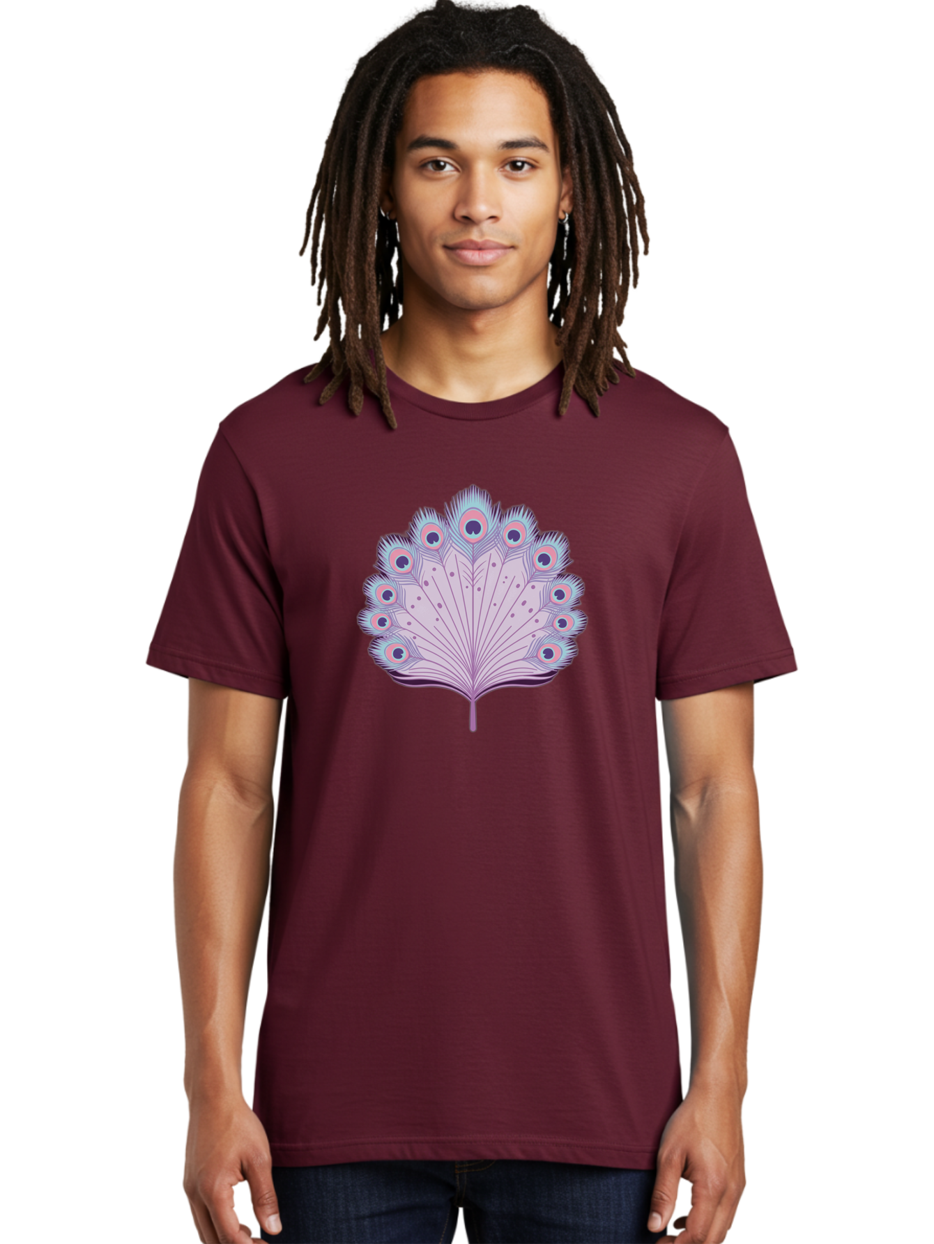 Peacock-Feather-4 Men'S Graphic Tee, 100% Cotton, Comfortable Casual Summer Wear, Machine Washable, Peacock Feather, Pastel Colors, Vibrant Feathers, Colorful Plumage, Nature-Inspired Art, Whimsical Design, Decorative Motif, Symbolic Imagery, Bab112