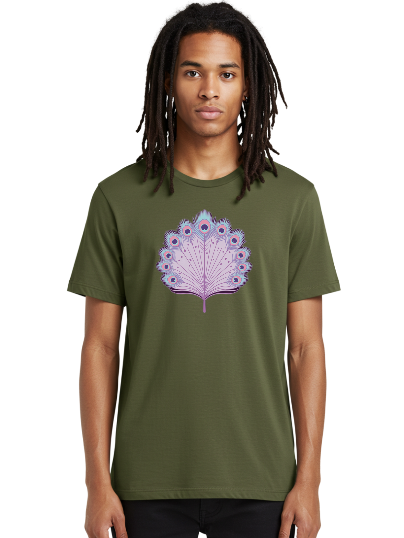 Peacock-Feather-4 Men'S Graphic Tee, 100% Cotton, Comfortable Casual Summer Wear, Machine Washable, Peacock Feather, Pastel Colors, Vibrant Feathers, Colorful Plumage, Nature-Inspired Art, Whimsical Design, Decorative Motif, Symbolic Imagery, Bab112