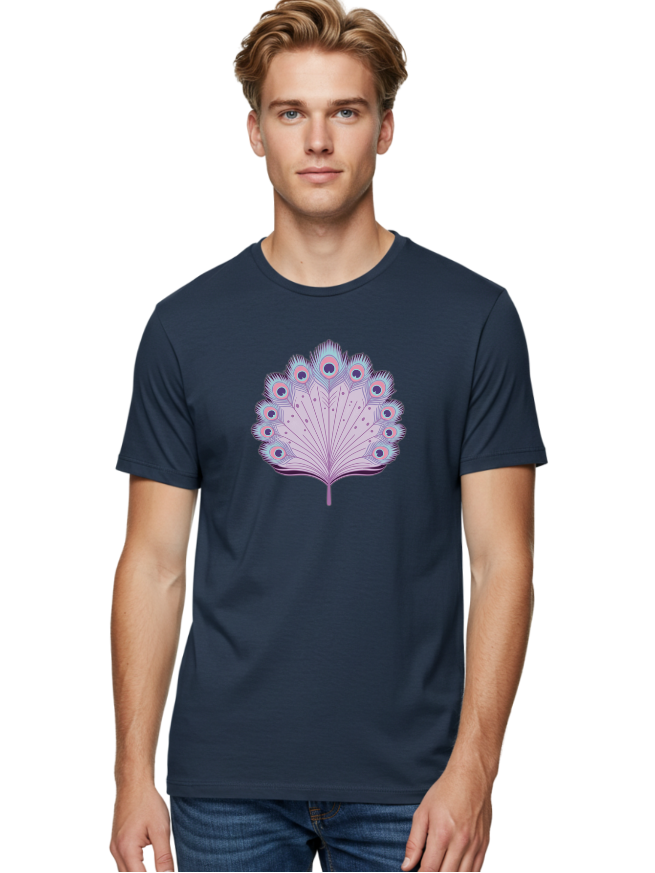Peacock-Feather-4 Men'S Graphic Tee, 100% Cotton, Comfortable Casual Summer Wear, Machine Washable, Peacock Feather, Pastel Colors, Vibrant Feathers, Colorful Plumage, Nature-Inspired Art, Whimsical Design, Decorative Motif, Symbolic Imagery, Bab112