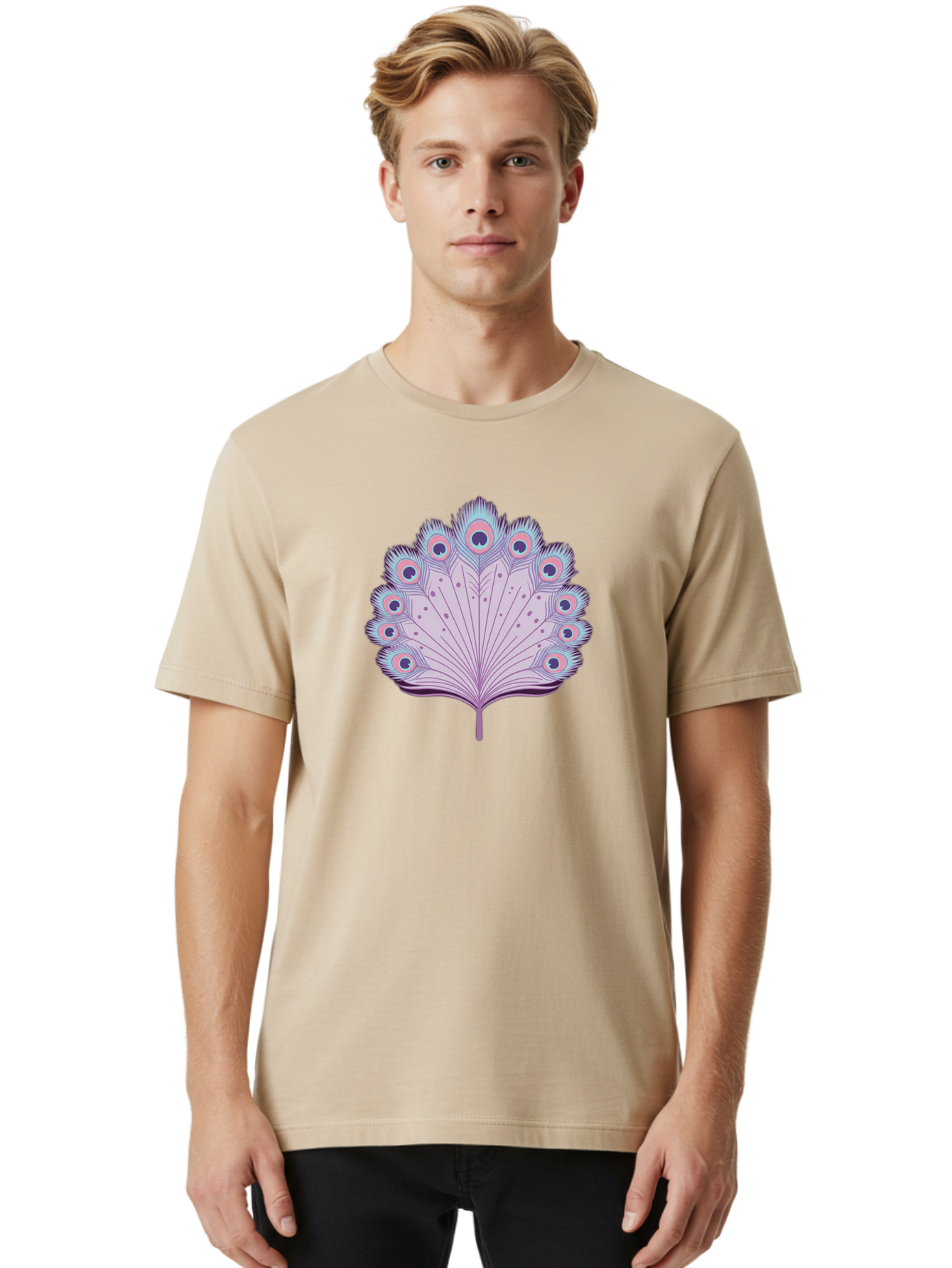 Peacock-Feather-4 Men'S Graphic Tee, 100% Cotton, Comfortable Casual Summer Wear, Machine Washable, Peacock Feather, Pastel Colors, Vibrant Feathers, Colorful Plumage, Nature-Inspired Art, Whimsical Design, Decorative Motif, Symbolic Imagery, Bab112