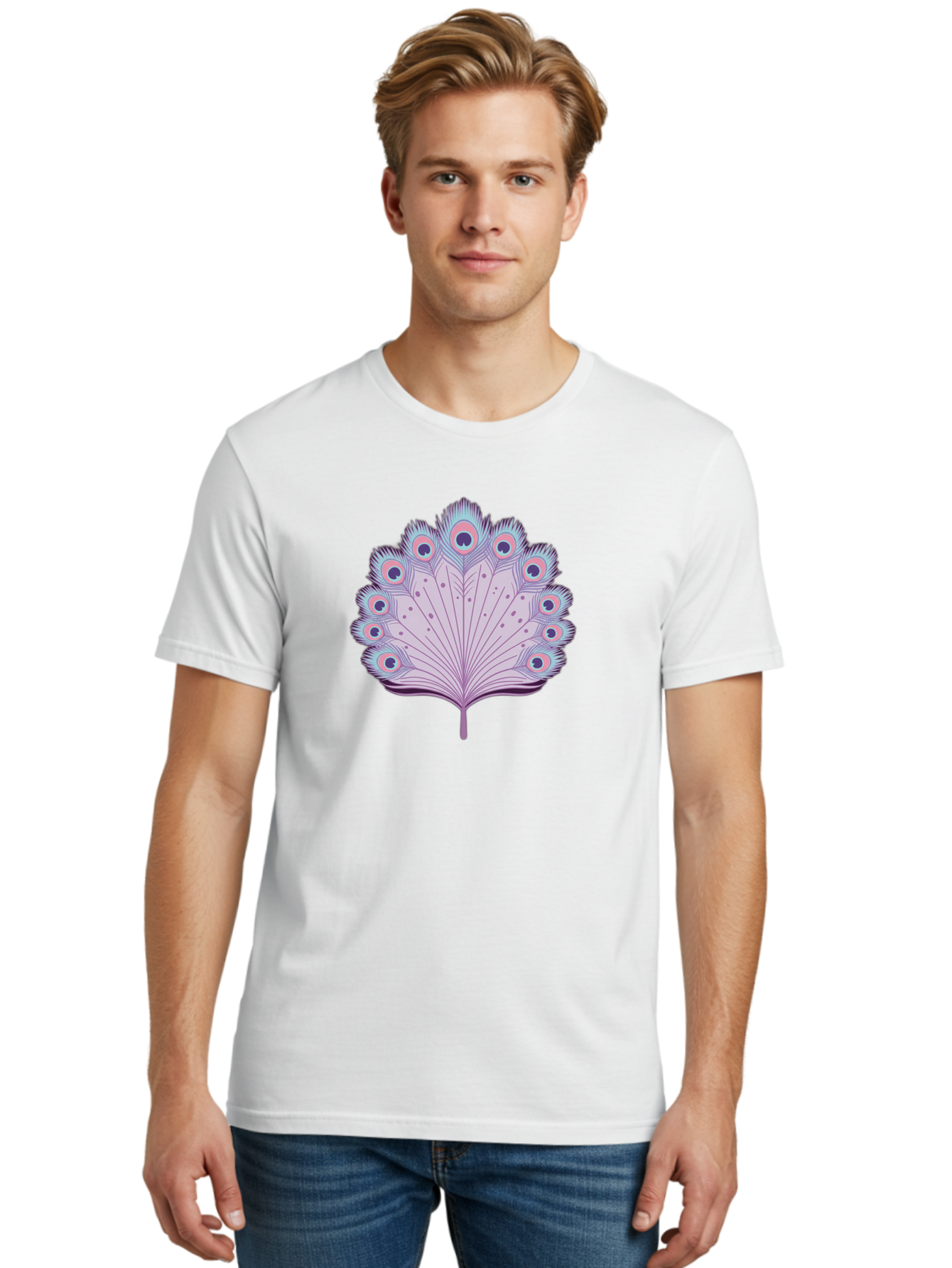 Peacock-Feather-4 Men'S Graphic Tee, 100% Cotton, Comfortable Casual Summer Wear, Machine Washable, Peacock Feather, Pastel Colors, Vibrant Feathers, Colorful Plumage, Nature-Inspired Art, Whimsical Design, Decorative Motif, Symbolic Imagery, Bab112