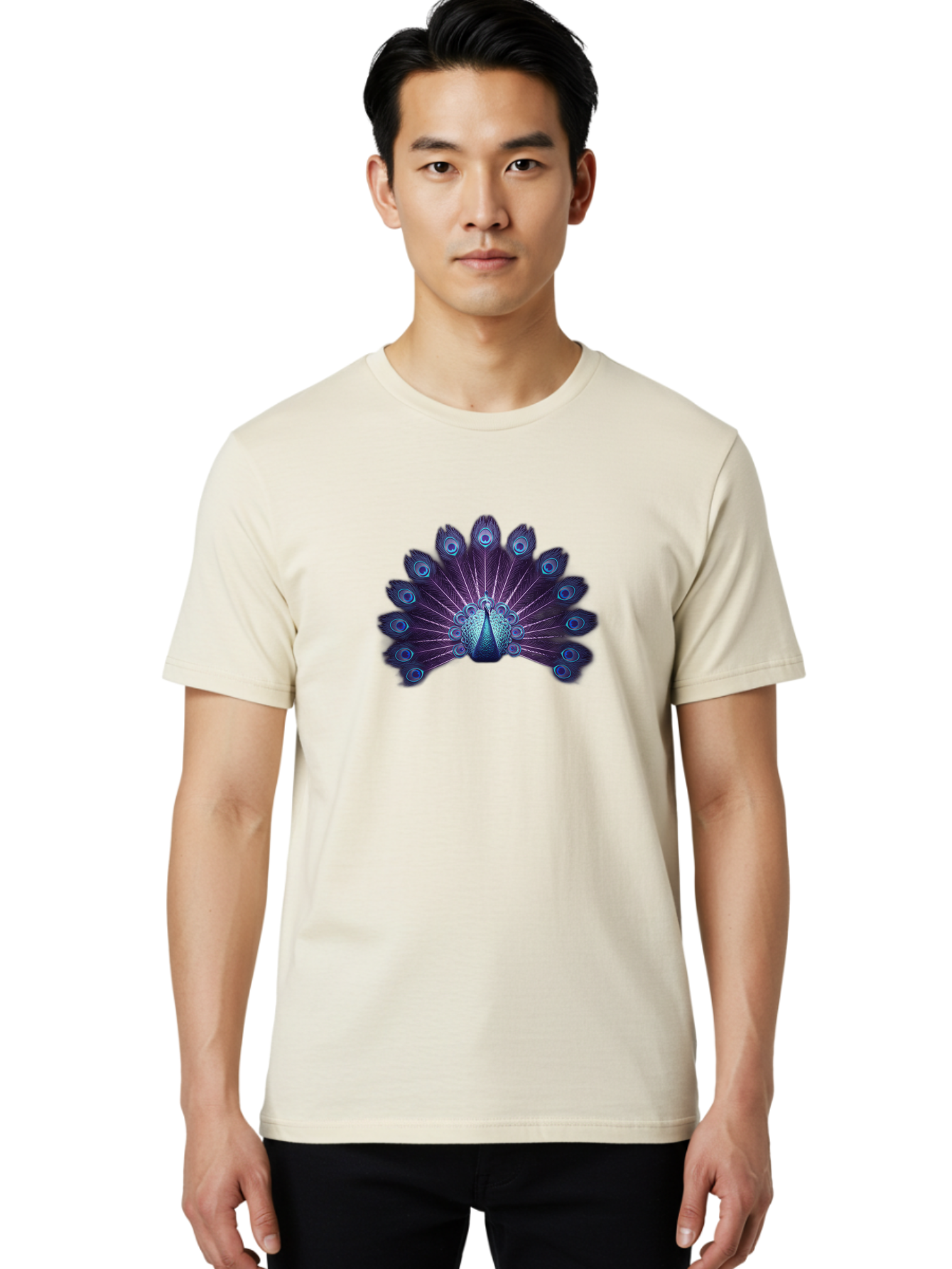 Peacock-Feather-5 Men'S Graphic Tee, 100% Cotton, Comfortable Casual Summer Wear, Machine Washable, Peacock, Tail Feathers, Vibrant Colors, Blue And Purple Hues, Eye-Catching Display, Natural Beauty, Majestic Plumage, Intricate Patterns, Bab113