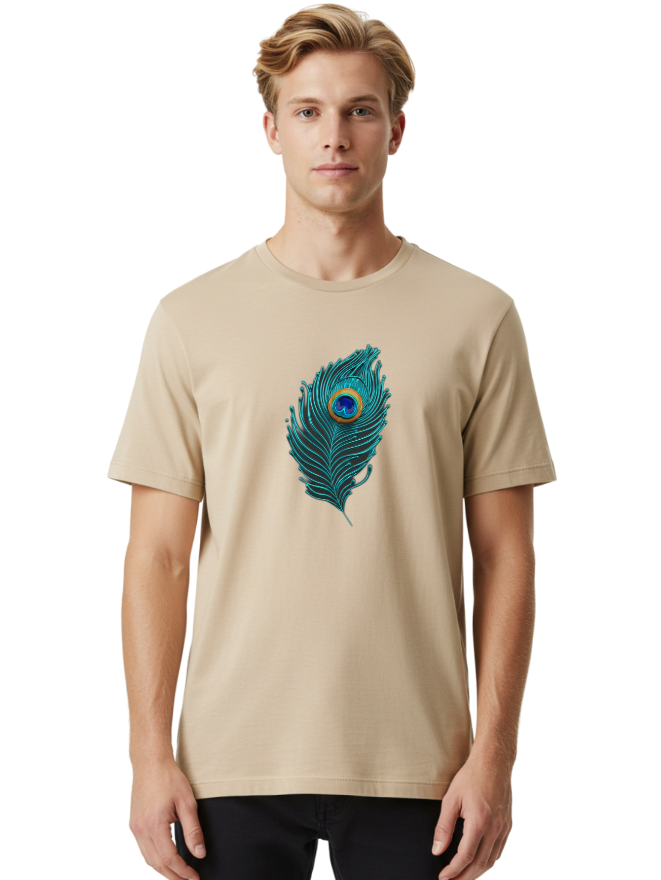 Peacock-Feather-8 Men'S Graphic Tee, 100% Cotton, Comfortable Casual Summer Wear, Machine Washable, Peacock Feather, Vibrant Colors, Teal, Blue, Orange, Elegant Design, Intricate Patterns, Luxurious Feel, Eye-Catching Detail, Stunning Visuals, Bab116
