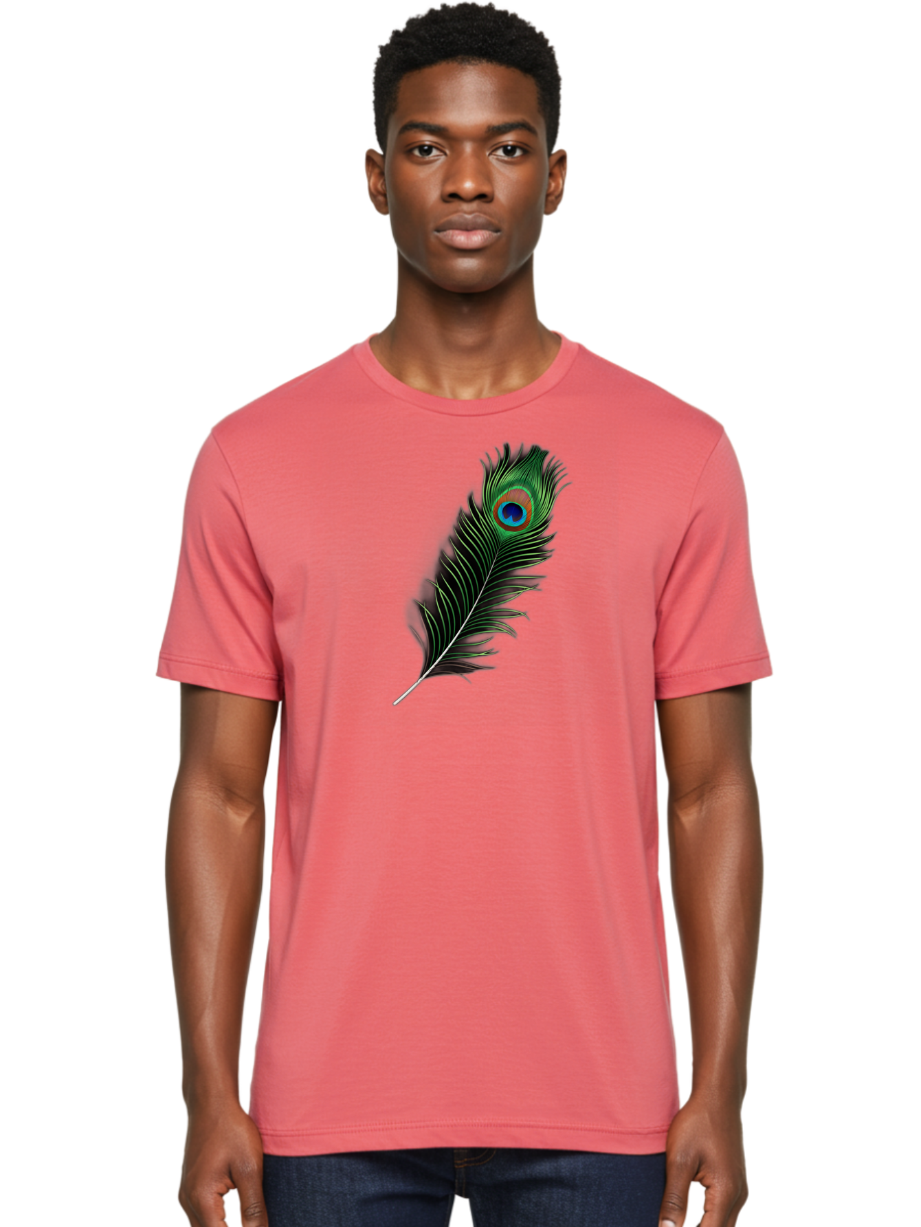 Peacock-Feather Men'S Graphic Tee, 100% Cotton, Comfortable Casual Summer Wear, Machine Washable, Peacock Feather, Bird Feather, Colorful Plumage, Vibrant Colors, Intricate Patterns, Natural Beauty, Symbolic Meaning, Ornamental Decoration, Bab119