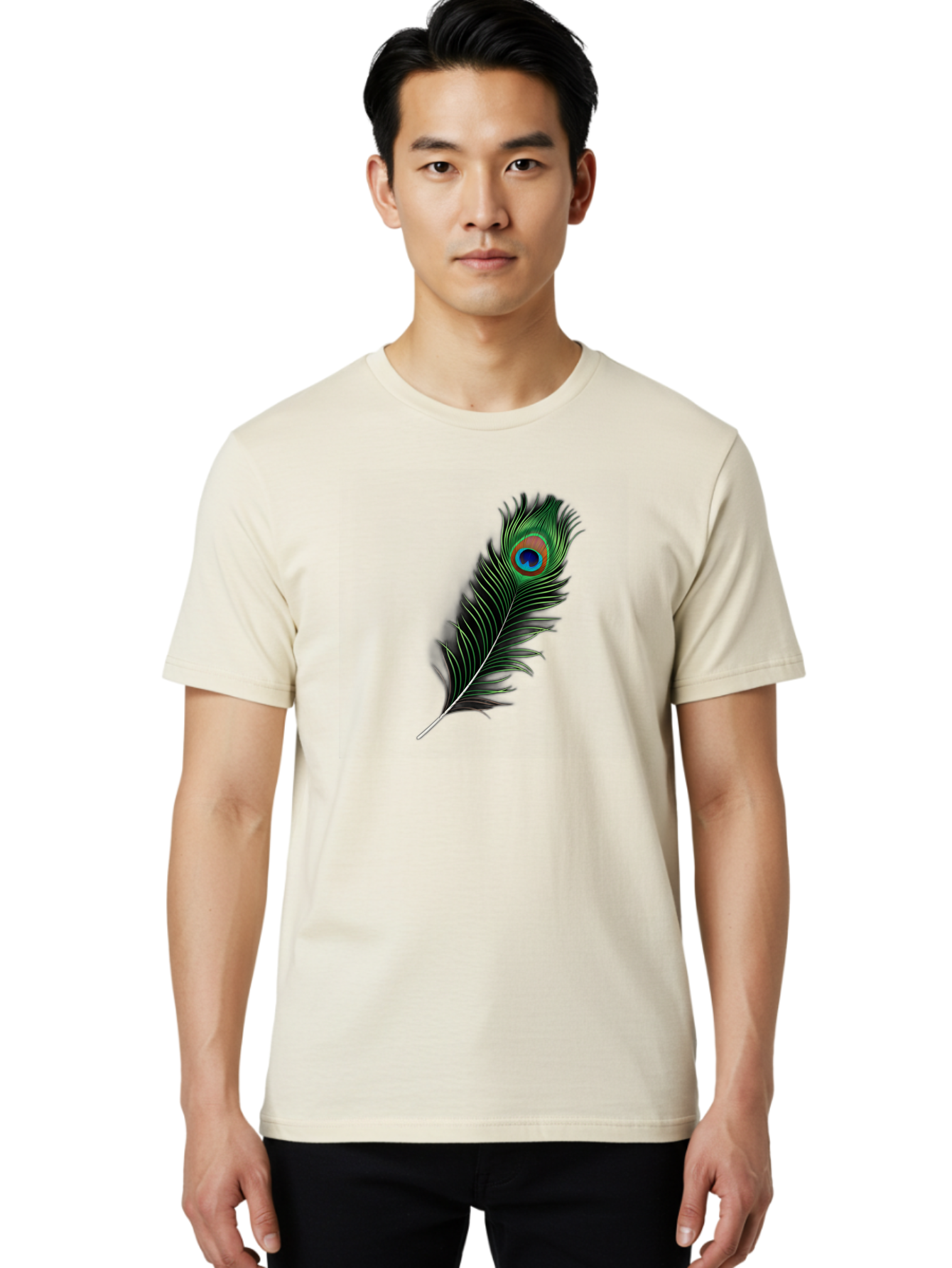 Peacock-Feather Men'S Graphic Tee, 100% Cotton, Comfortable Casual Summer Wear, Machine Washable, Peacock Feather, Bird Feather, Colorful Plumage, Vibrant Colors, Intricate Patterns, Natural Beauty, Symbolic Meaning, Ornamental Decoration, Bab119