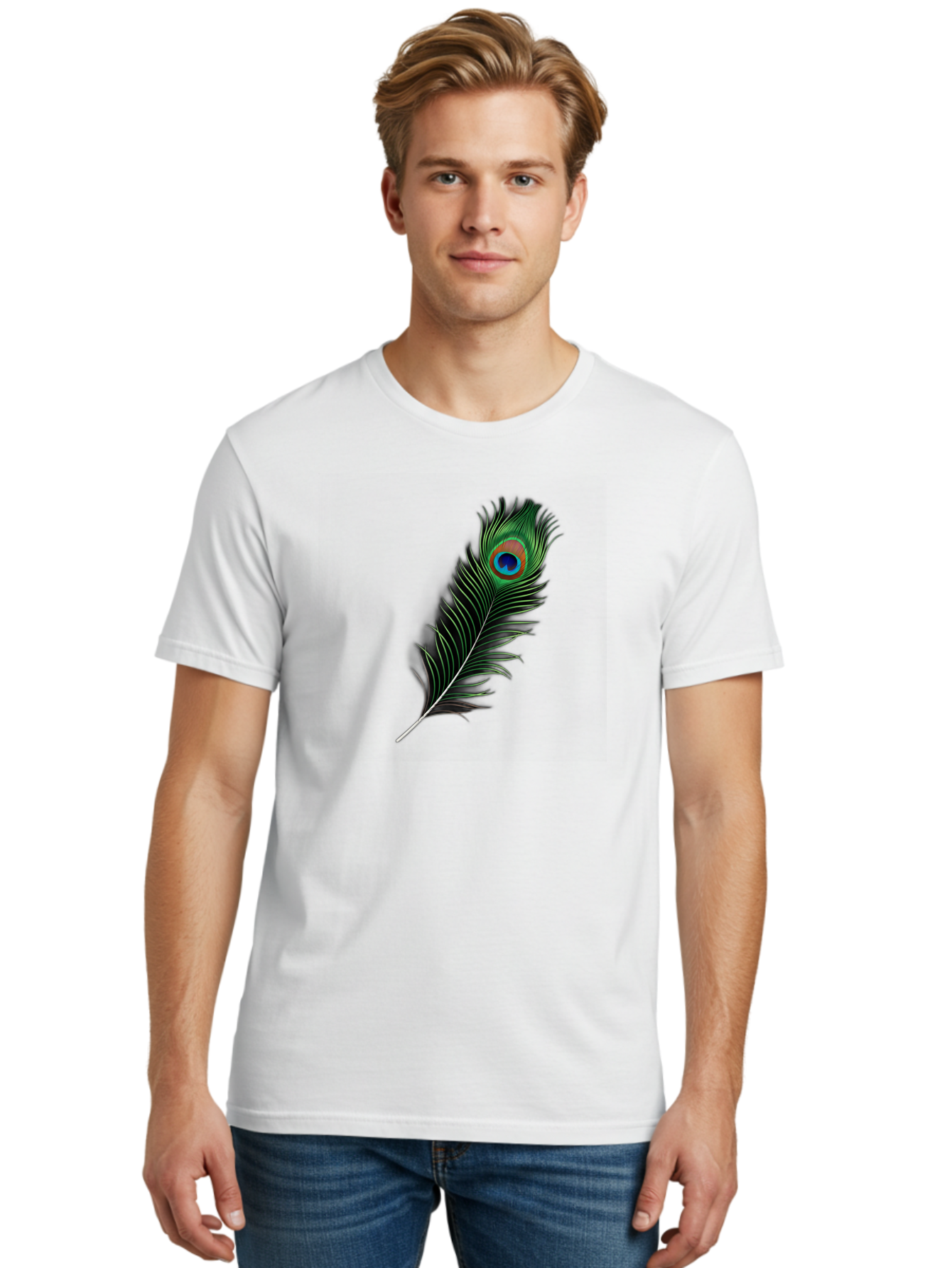 Peacock-Feather Men'S Graphic Tee, 100% Cotton, Comfortable Casual Summer Wear, Machine Washable, Peacock Feather, Bird Feather, Colorful Plumage, Vibrant Colors, Intricate Patterns, Natural Beauty, Symbolic Meaning, Ornamental Decoration, Bab119