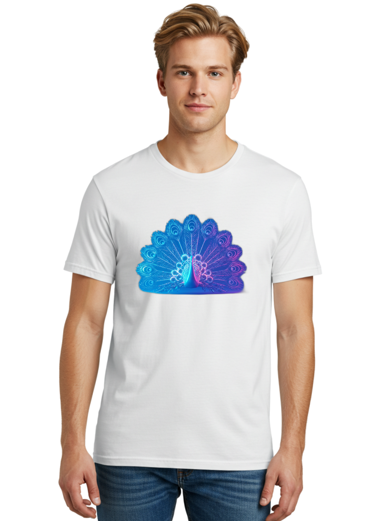 Peacock-Feathers-1 Men'S Graphic Tee, 100% Cotton, Comfortable Casual Summer Wear, Machine Washable, Peacock Feather, Vibrant Colors, Blue And Purple Hues, Intricate Details, Swirling Patterns, Majestic Display, Exotic Bird, Colorful Plumage, Bab120