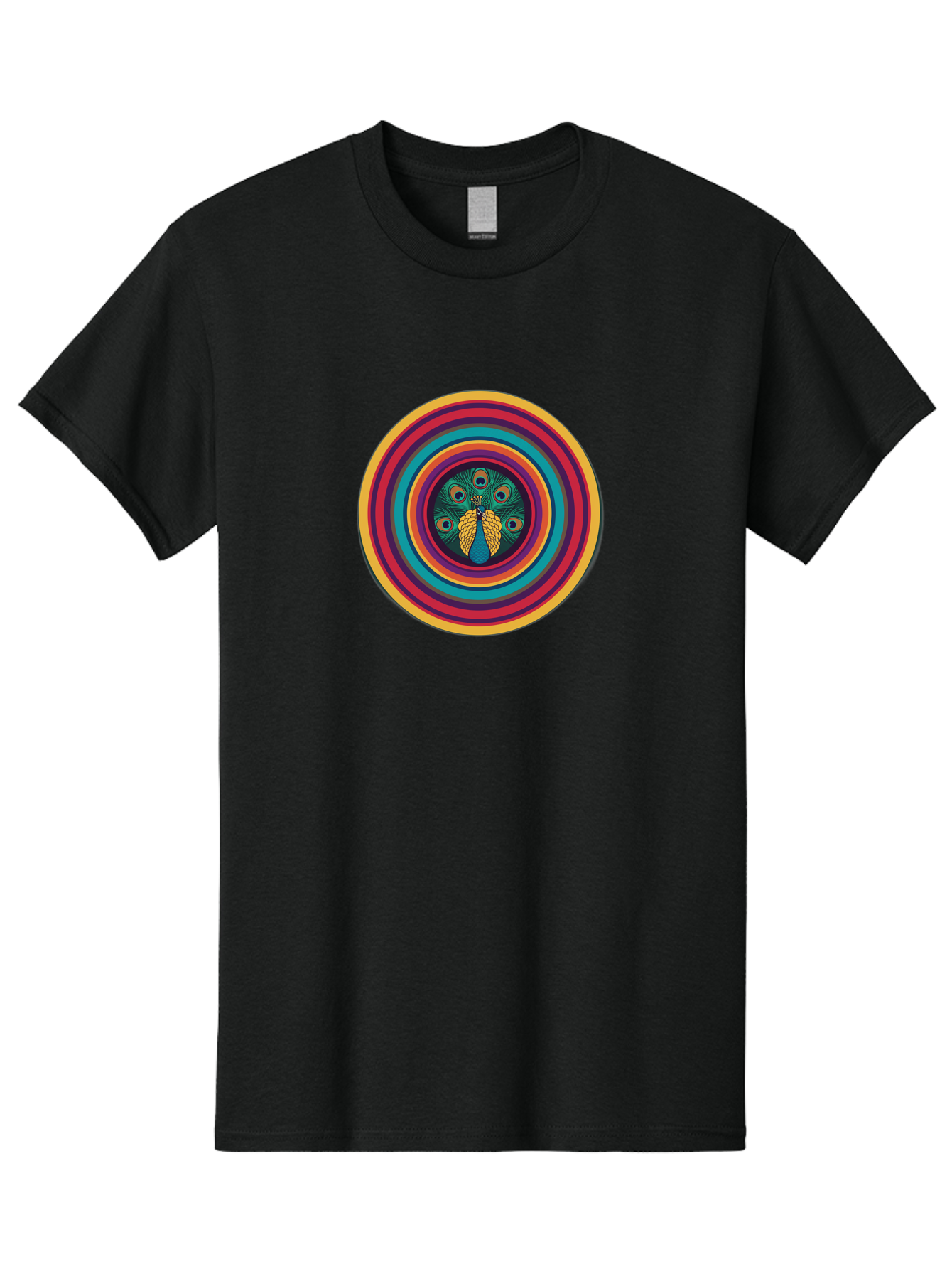 Peacock-Feathers-2 Men'S Graphic Tee, 100% Cotton, Comfortable Casual Summer Wear, Machine Washable, Peacock Feather, Bohemian Style, Vibrant Colors, Colorful Rings, Abstract Art, Hypnotic Patterns, Nature-Inspired Design, Circular Motif, Bab121