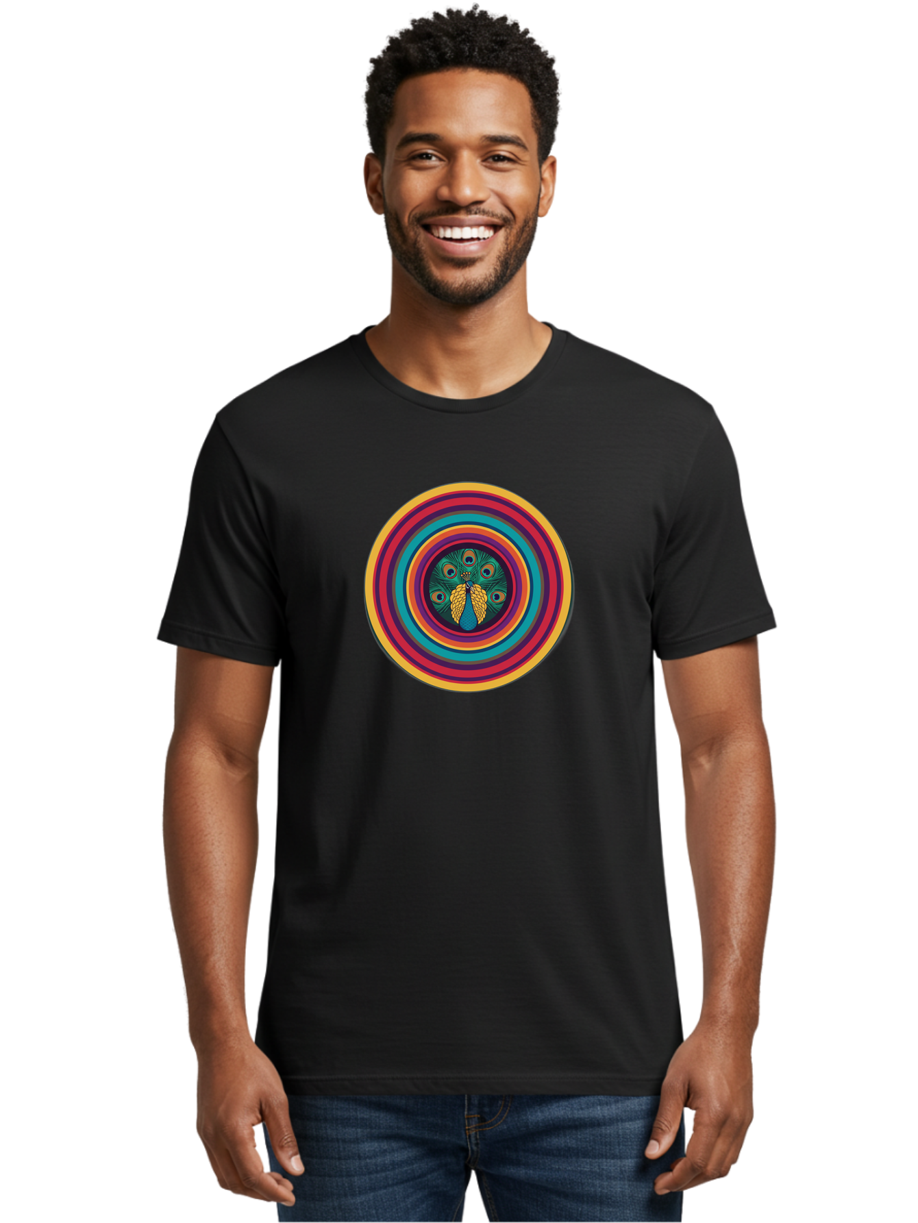 Peacock-Feathers-2 Men'S Graphic Tee, 100% Cotton, Comfortable Casual Summer Wear, Machine Washable, Peacock Feather, Bohemian Style, Vibrant Colors, Colorful Rings, Abstract Art, Hypnotic Patterns, Nature-Inspired Design, Circular Motif, Bab121