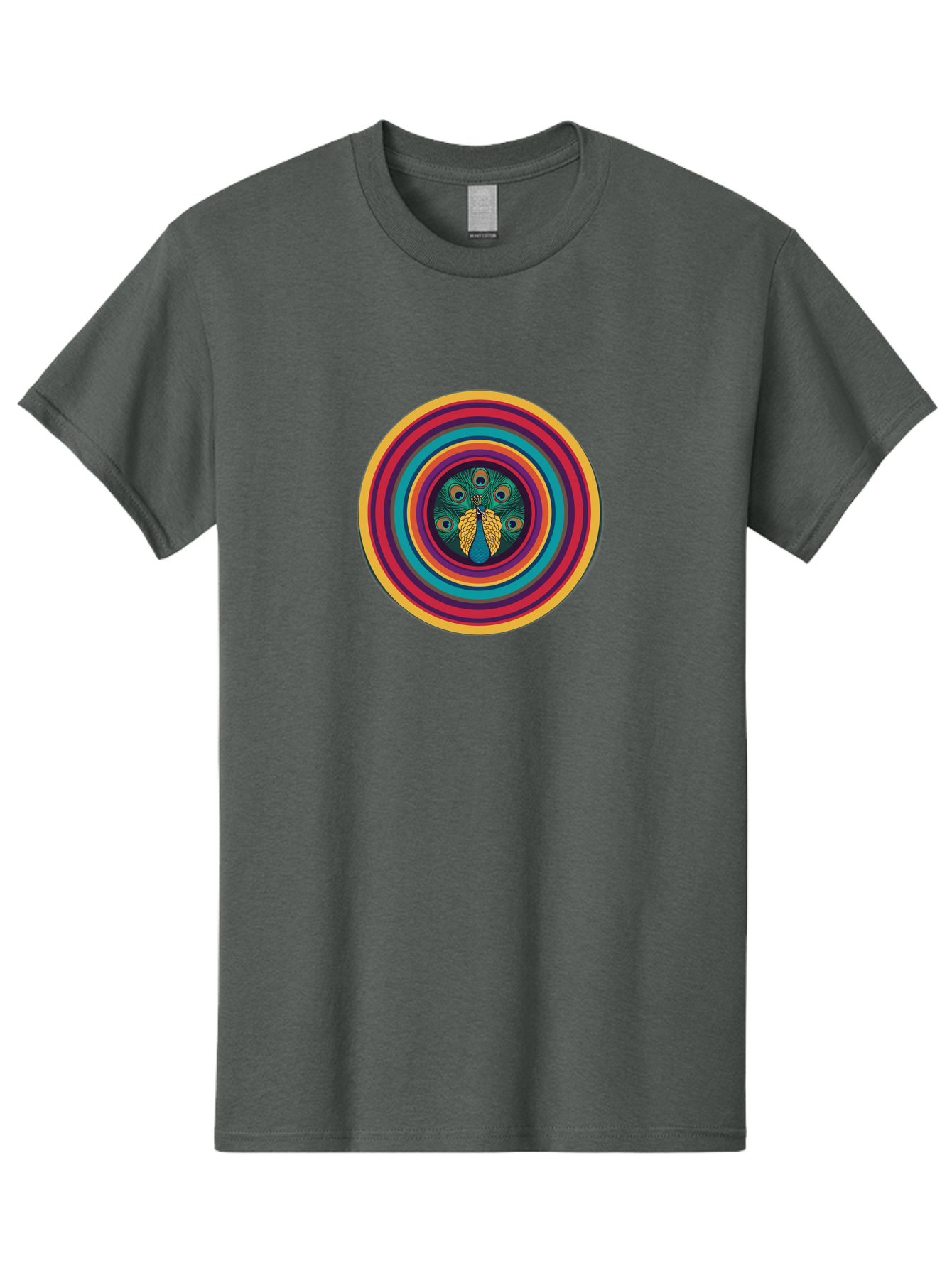 Peacock-Feathers-2 Men'S Graphic Tee, 100% Cotton, Comfortable Casual Summer Wear, Machine Washable, Peacock Feather, Bohemian Style, Vibrant Colors, Colorful Rings, Abstract Art, Hypnotic Patterns, Nature-Inspired Design, Circular Motif, Bab121