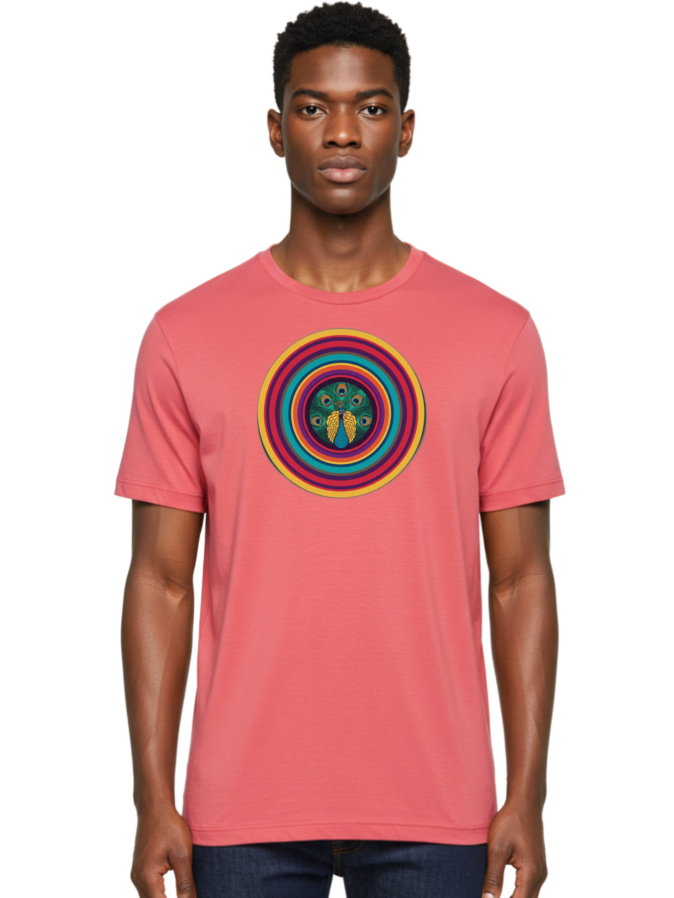Peacock-Feathers-2 Men'S Graphic Tee, 100% Cotton, Comfortable Casual Summer Wear, Machine Washable, Peacock Feather, Bohemian Style, Vibrant Colors, Colorful Rings, Abstract Art, Hypnotic Patterns, Nature-Inspired Design, Circular Motif, Bab121