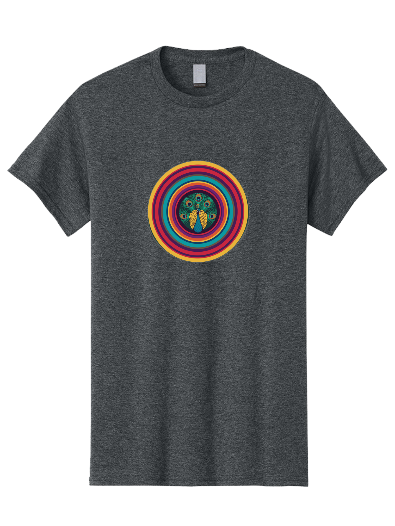 Peacock-Feathers-2 Men'S Graphic Tee, 100% Cotton, Comfortable Casual Summer Wear, Machine Washable, Peacock Feather, Bohemian Style, Vibrant Colors, Colorful Rings, Abstract Art, Hypnotic Patterns, Nature-Inspired Design, Circular Motif, Bab121