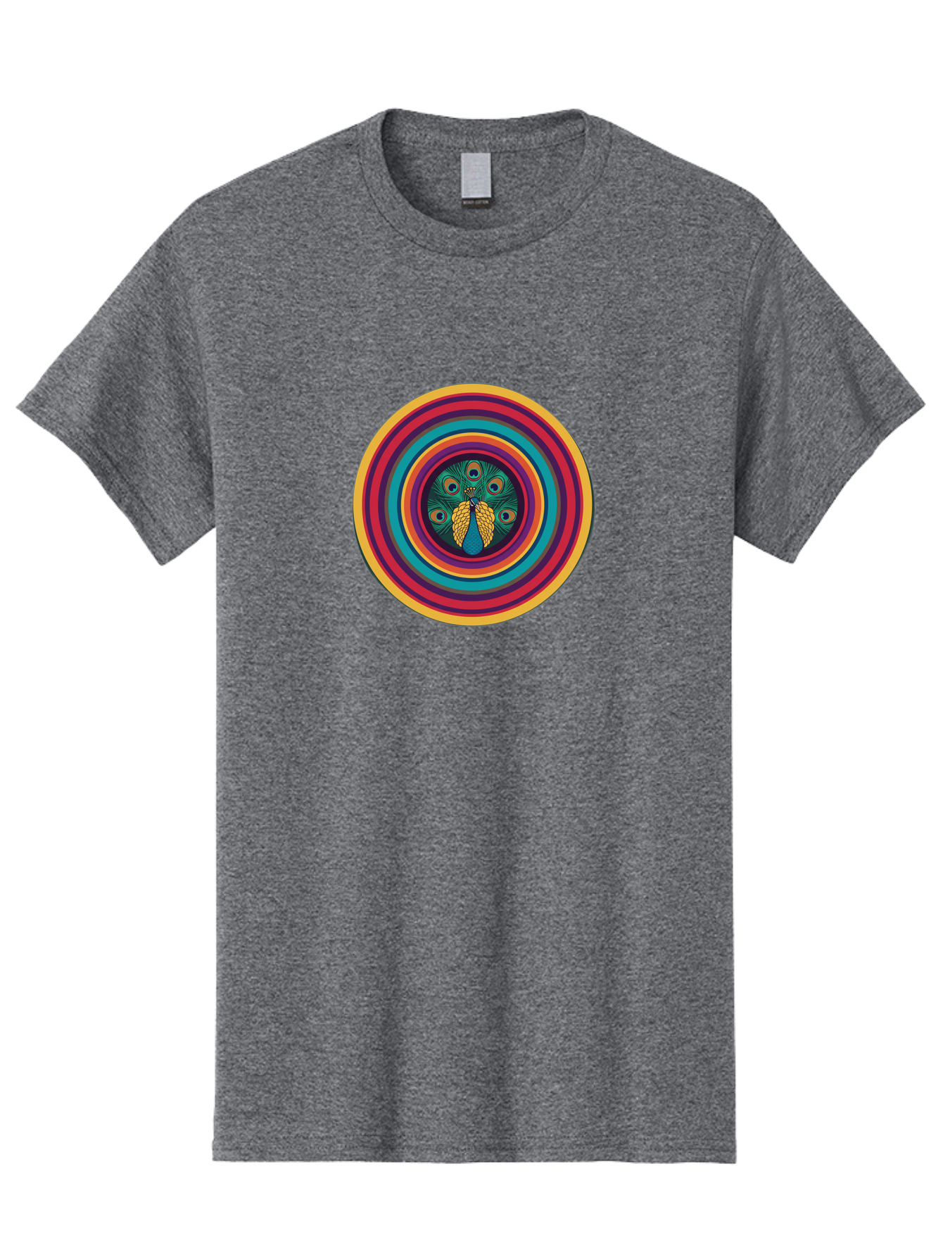 Peacock-Feathers-2 Men'S Graphic Tee, 100% Cotton, Comfortable Casual Summer Wear, Machine Washable, Peacock Feather, Bohemian Style, Vibrant Colors, Colorful Rings, Abstract Art, Hypnotic Patterns, Nature-Inspired Design, Circular Motif, Bab121