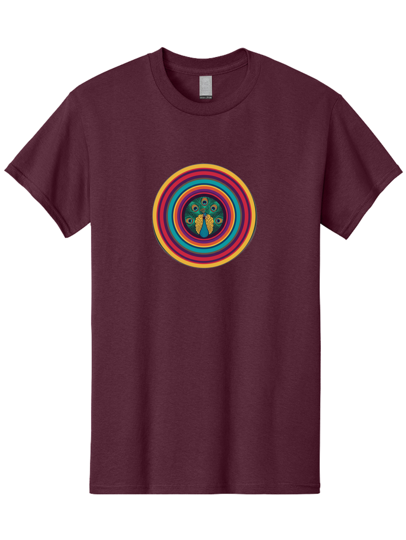 Peacock-Feathers-2 Men'S Graphic Tee, 100% Cotton, Comfortable Casual Summer Wear, Machine Washable, Peacock Feather, Bohemian Style, Vibrant Colors, Colorful Rings, Abstract Art, Hypnotic Patterns, Nature-Inspired Design, Circular Motif, Bab121