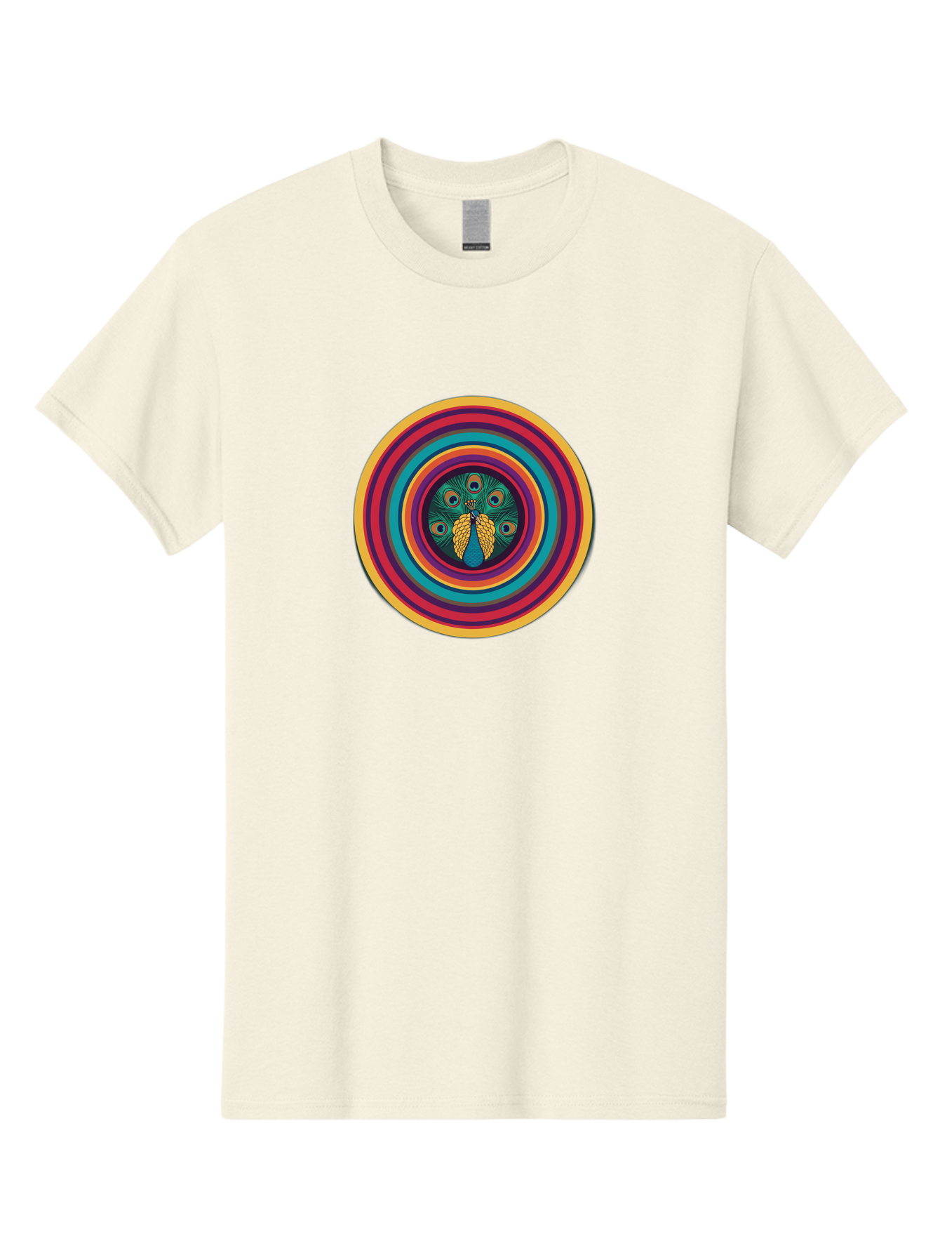 Peacock-Feathers-2 Men'S Graphic Tee, 100% Cotton, Comfortable Casual Summer Wear, Machine Washable, Peacock Feather, Bohemian Style, Vibrant Colors, Colorful Rings, Abstract Art, Hypnotic Patterns, Nature-Inspired Design, Circular Motif, Bab121