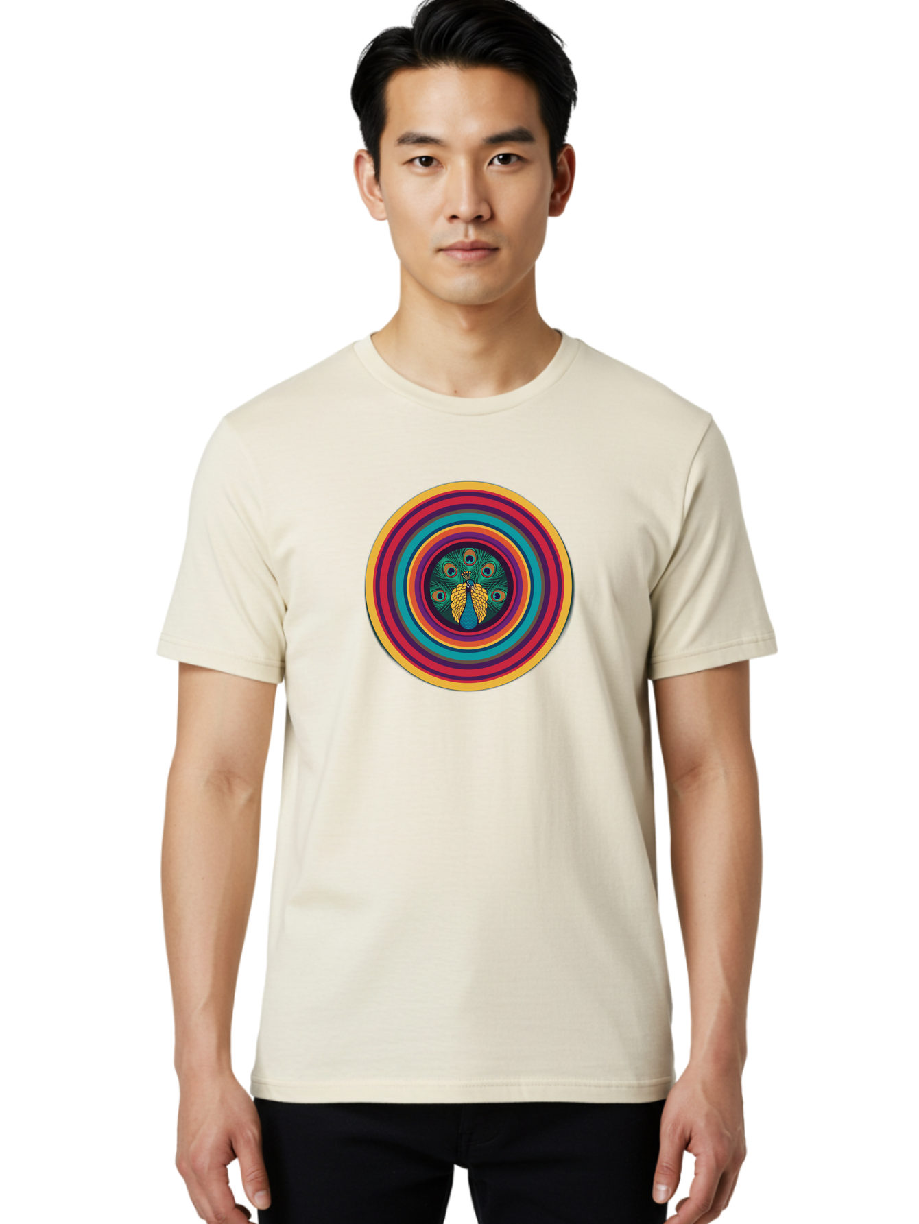 Peacock-Feathers-2 Men'S Graphic Tee, 100% Cotton, Comfortable Casual Summer Wear, Machine Washable, Peacock Feather, Bohemian Style, Vibrant Colors, Colorful Rings, Abstract Art, Hypnotic Patterns, Nature-Inspired Design, Circular Motif, Bab121
