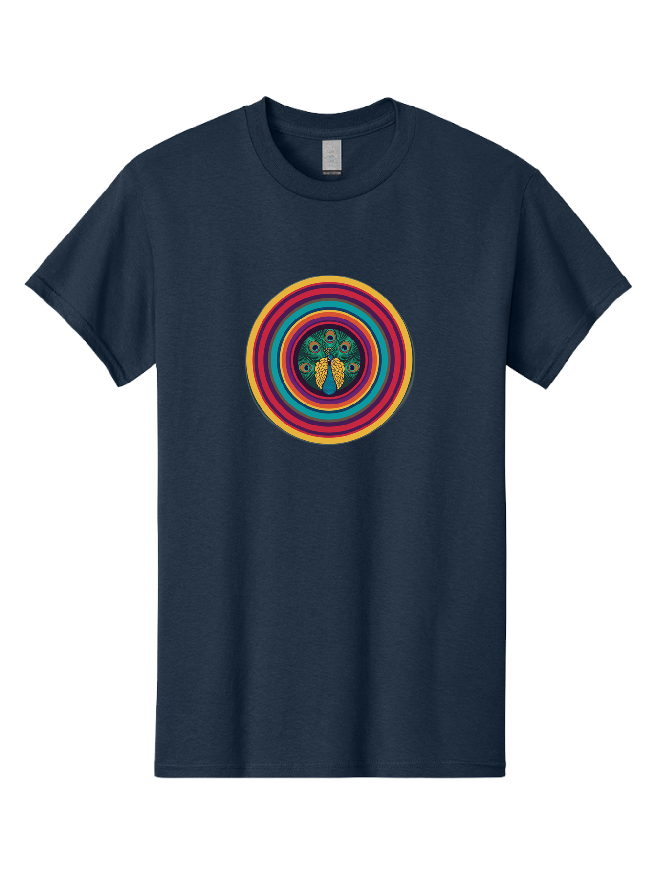 Peacock-Feathers-2 Men'S Graphic Tee, 100% Cotton, Comfortable Casual Summer Wear, Machine Washable, Peacock Feather, Bohemian Style, Vibrant Colors, Colorful Rings, Abstract Art, Hypnotic Patterns, Nature-Inspired Design, Circular Motif, Bab121