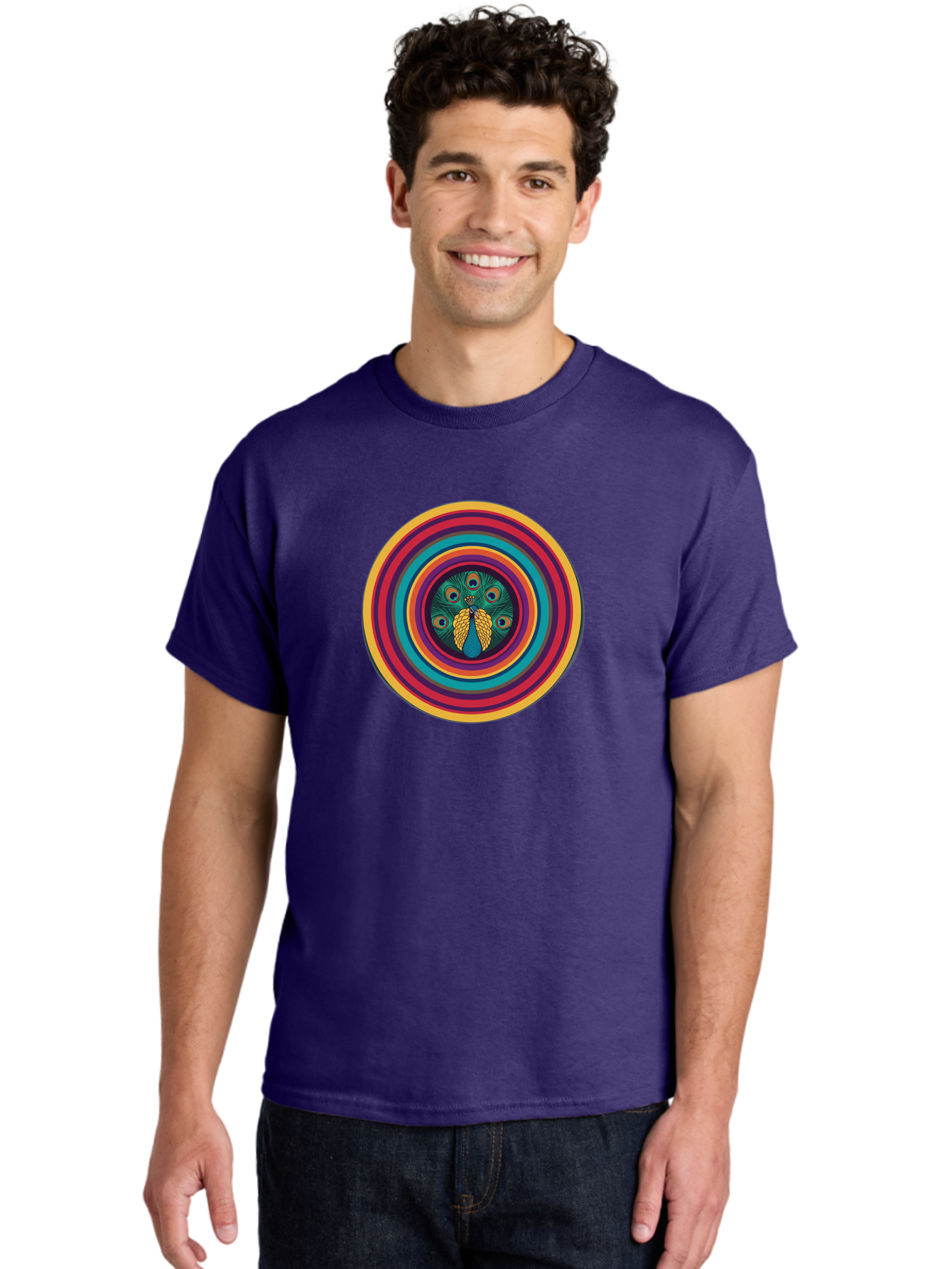 Peacock-Feathers-2 Men'S Graphic Tee, 100% Cotton, Comfortable Casual Summer Wear, Machine Washable, Peacock Feather, Bohemian Style, Vibrant Colors, Colorful Rings, Abstract Art, Hypnotic Patterns, Nature-Inspired Design, Circular Motif, Bab121