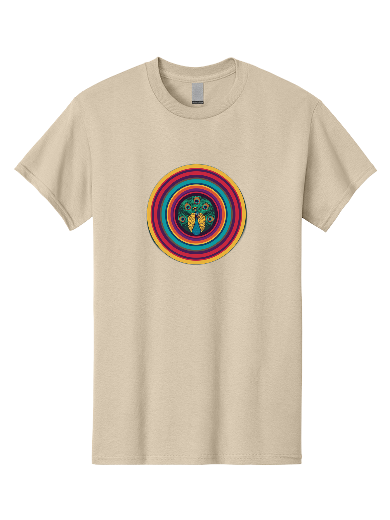Peacock-Feathers-2 Men'S Graphic Tee, 100% Cotton, Comfortable Casual Summer Wear, Machine Washable, Peacock Feather, Bohemian Style, Vibrant Colors, Colorful Rings, Abstract Art, Hypnotic Patterns, Nature-Inspired Design, Circular Motif, Bab121