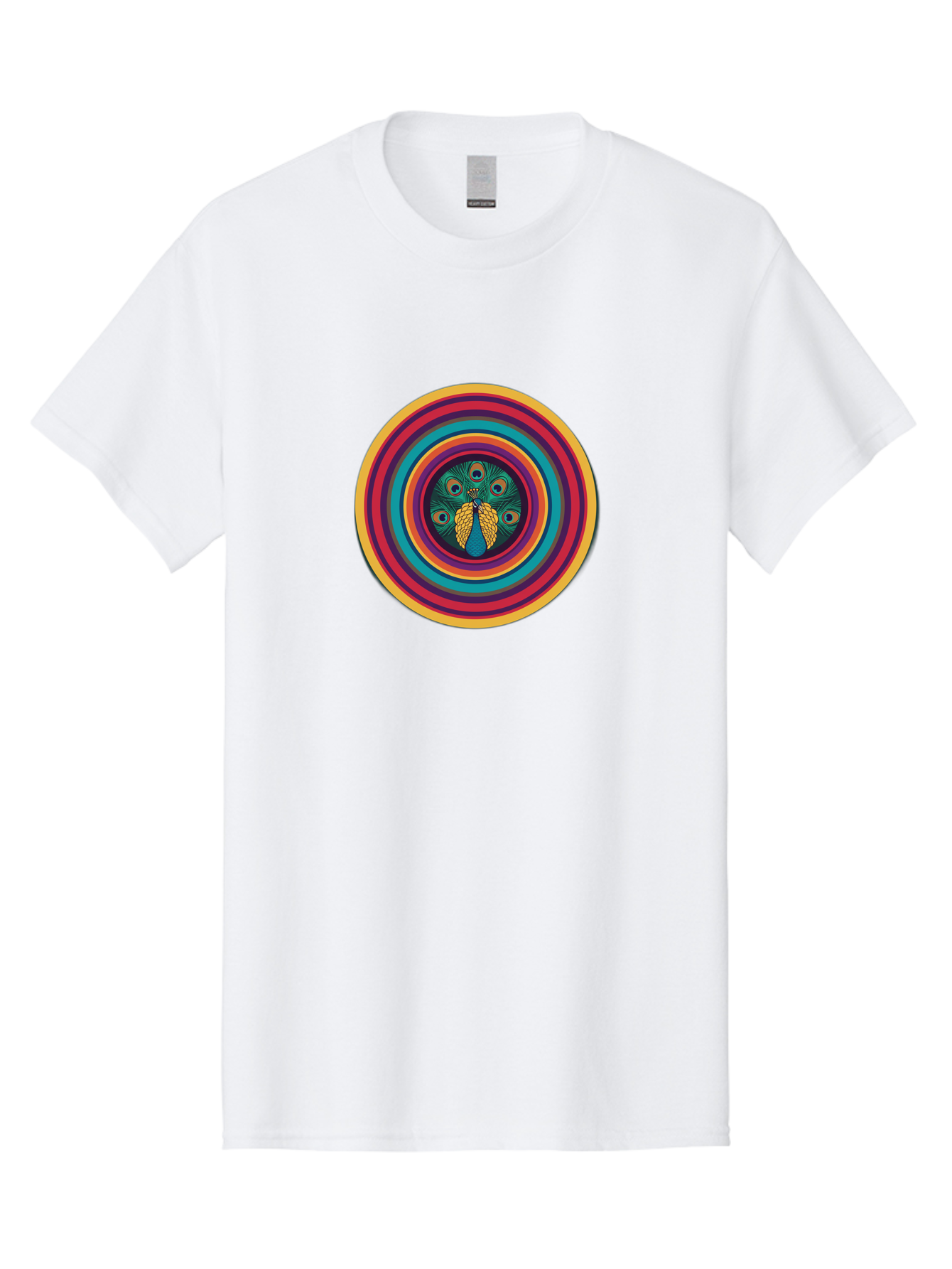 Peacock-Feathers-2 Men'S Graphic Tee, 100% Cotton, Comfortable Casual Summer Wear, Machine Washable, Peacock Feather, Bohemian Style, Vibrant Colors, Colorful Rings, Abstract Art, Hypnotic Patterns, Nature-Inspired Design, Circular Motif, Bab121