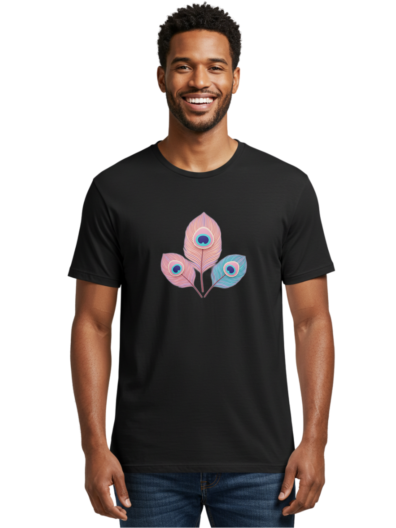 Peacock-Feathers-Graphic Men'S Graphic Tee, 100% Cotton, Comfortable Casual Summer Wear, Machine Washable, Peacock Feathers, Vibrant Colors, Pastel Hues, Eye-Catching Design, Bird Plumage, Decorative Elements, Artistic Patterns, Bab122