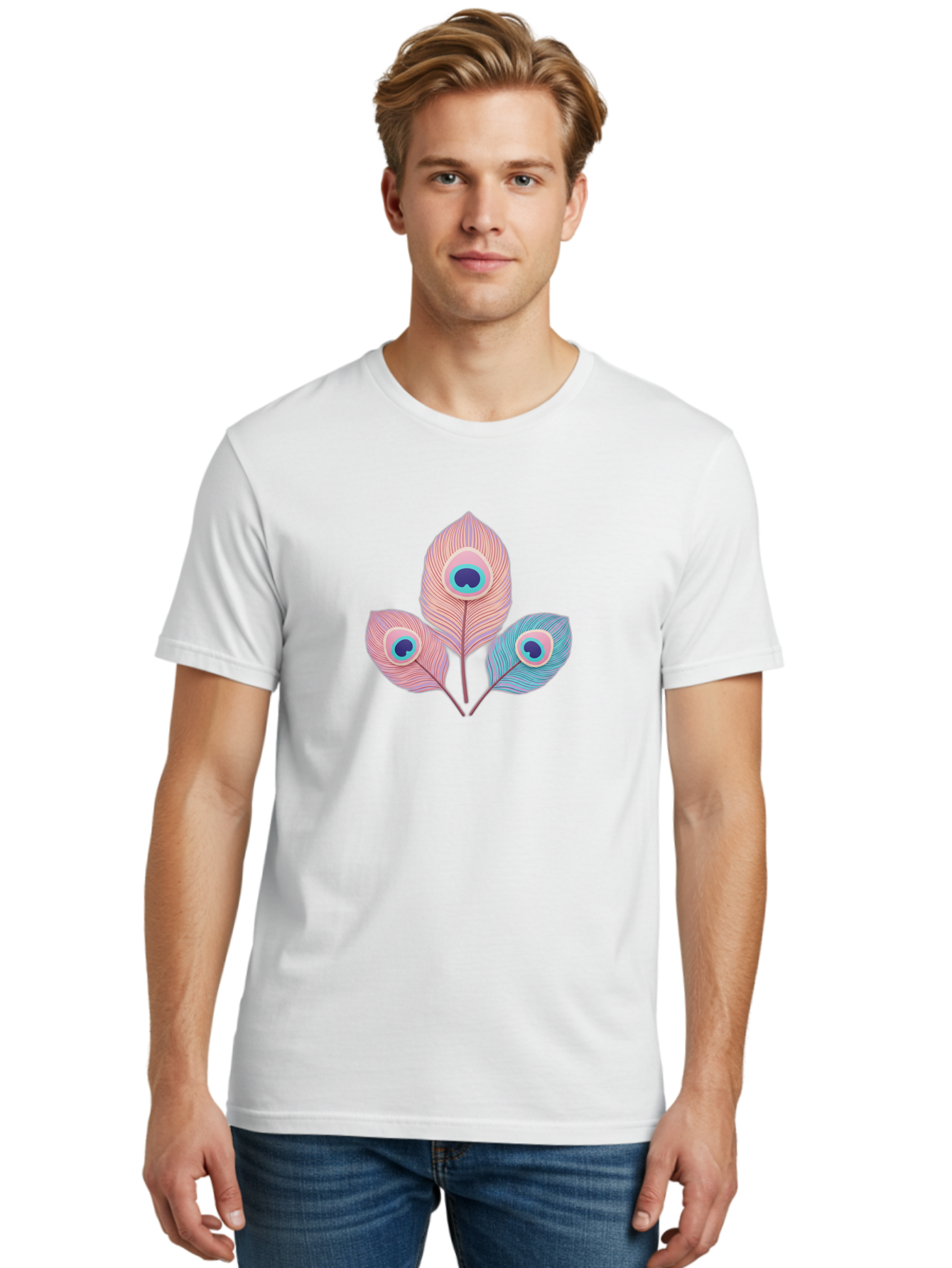 Peacock-Feathers-Graphic Men'S Graphic Tee, 100% Cotton, Comfortable Casual Summer Wear, Machine Washable, Peacock Feathers, Vibrant Colors, Pastel Hues, Eye-Catching Design, Bird Plumage, Decorative Elements, Artistic Patterns, Bab122