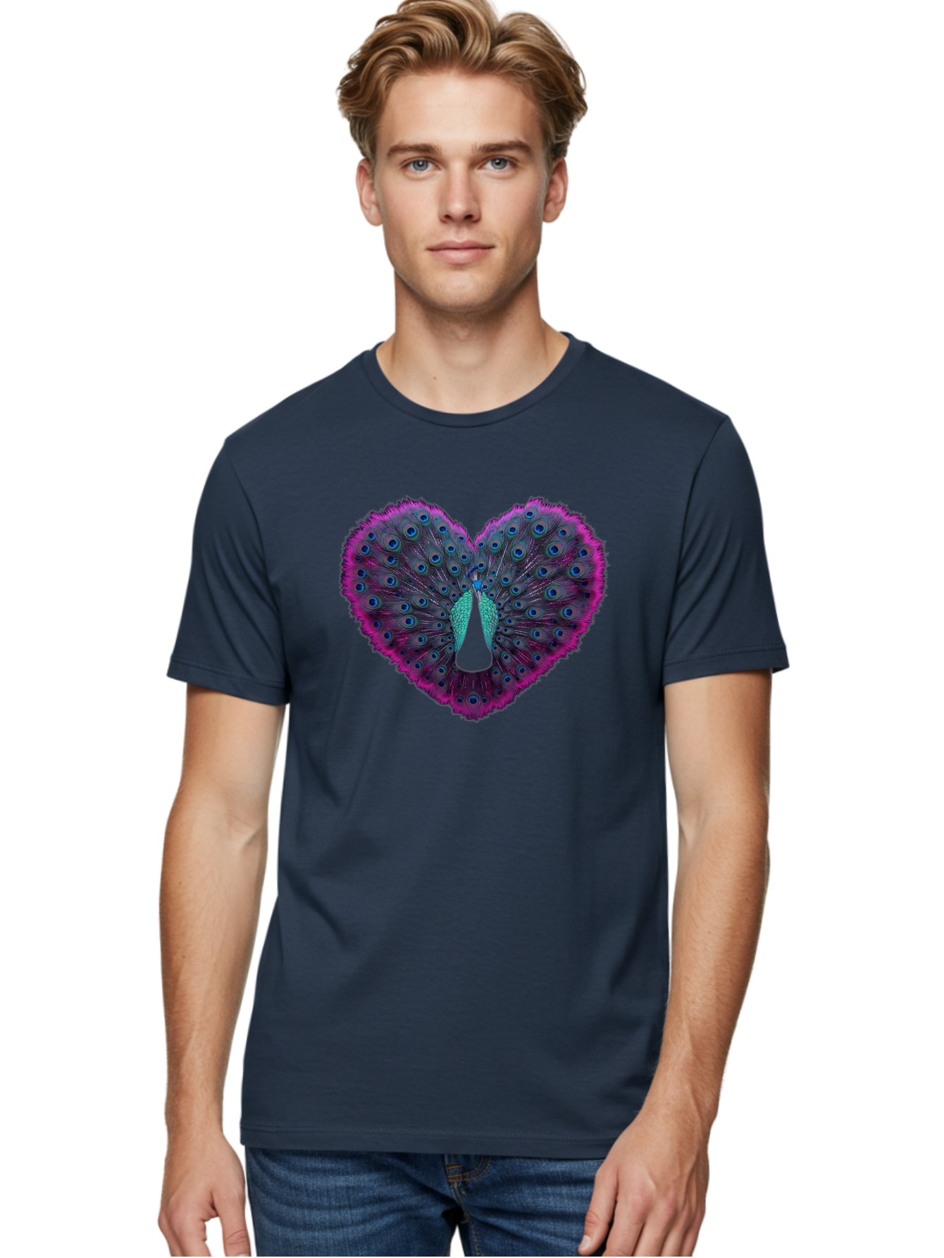 Peacock-Feathers-Heart Men'S Graphic Tee, 100% Cotton, Comfortable Casual Summer Wear, Machine Washable, Peacock Feathers, Heart Shape, Vibrant Colors, Blue Eyespots, Purple And Pink Hues, Symbolic Love, Plumage Display, Artistic Design, Bab123