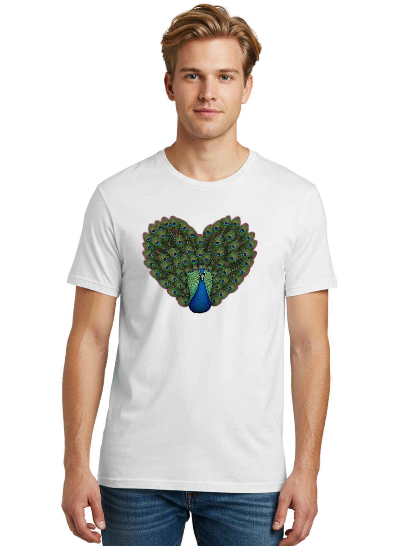 Peacock-Heart-Shape Men'S Graphic Tee, 100% Cotton, Comfortable Casual Summer Wear, Machine Washable, Peacock Displaying Feathers, Vibrant Plumage, Blue Eyespots, Green And Blue Colors, Majestic Bird, Exotic Wildlife, Stunning Display, Bab126