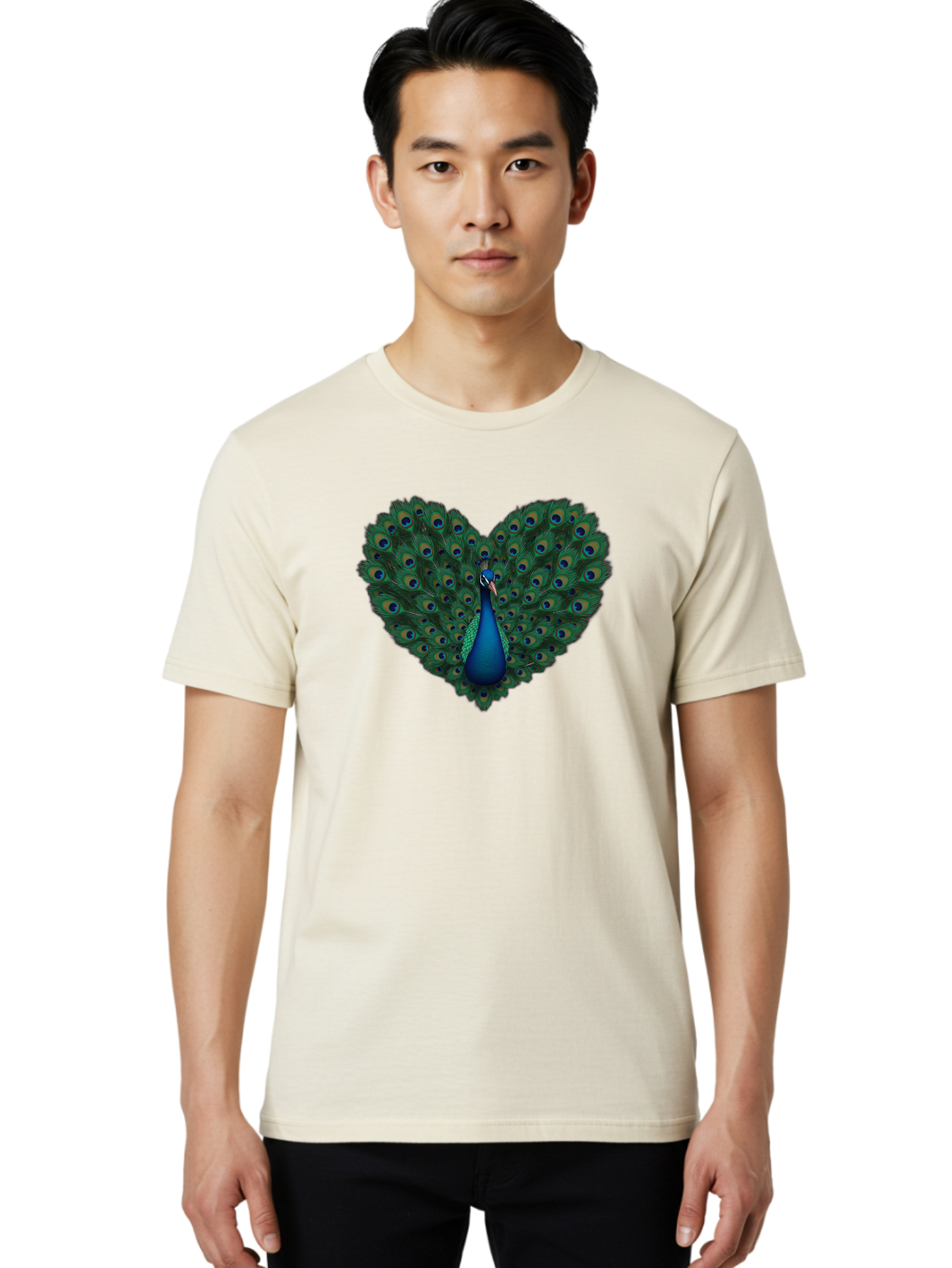 Peacock-Heart Men'S Graphic Tee, 100% Cotton, Comfortable Casual Summer Wear, Machine Washable, Peacock Spreading Its Feathers, Heart Shape, Vibrant Colors, Blue And Green Plumage, Eye-Catching Display, Majestic Bird, Symbolic Representation, Bab127