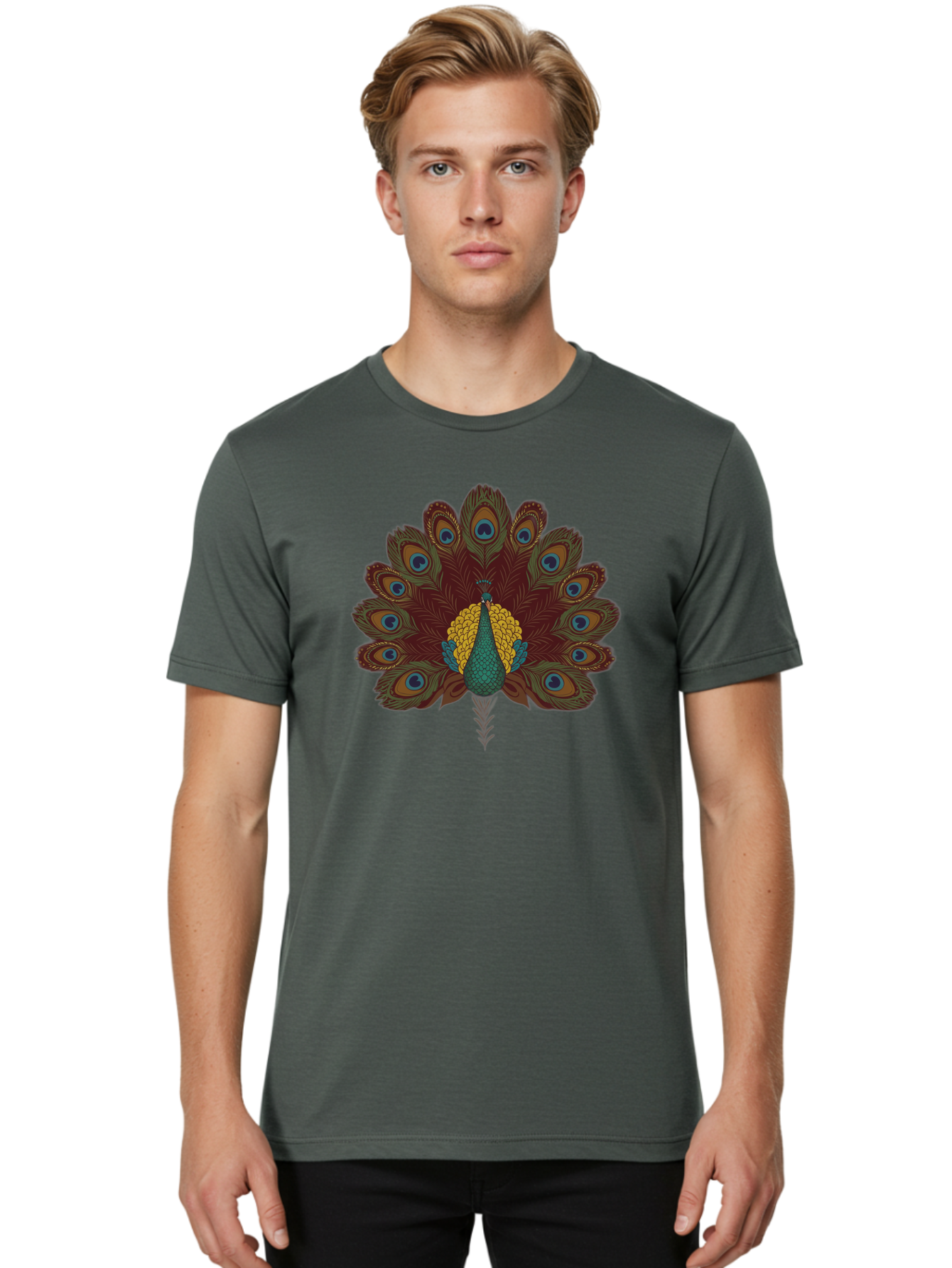 Peacock-Spreading-Tail-Feathers Men'S Graphic Tee, 100% Cotton, Comfortable Casual Summer Wear, Machine Washable, Peacock, Vibrant Plumage, Intricate Details, Mesmerizing Patterns, Ornate Feathers, Regal Bird, Stunning Display, Bab129