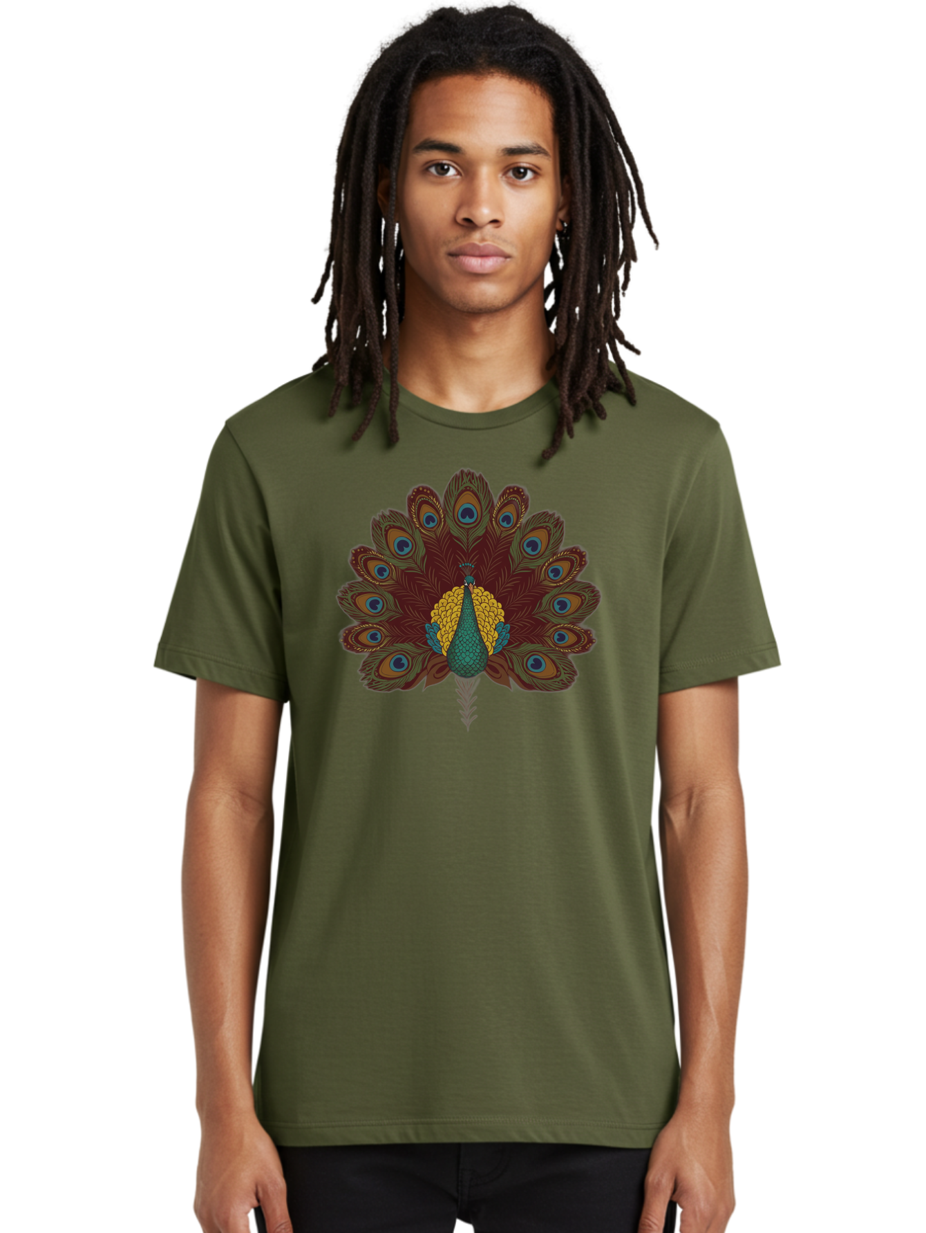 Peacock-Spreading-Tail-Feathers Men'S Graphic Tee, 100% Cotton, Comfortable Casual Summer Wear, Machine Washable, Peacock, Vibrant Plumage, Intricate Details, Mesmerizing Patterns, Ornate Feathers, Regal Bird, Stunning Display, Bab129