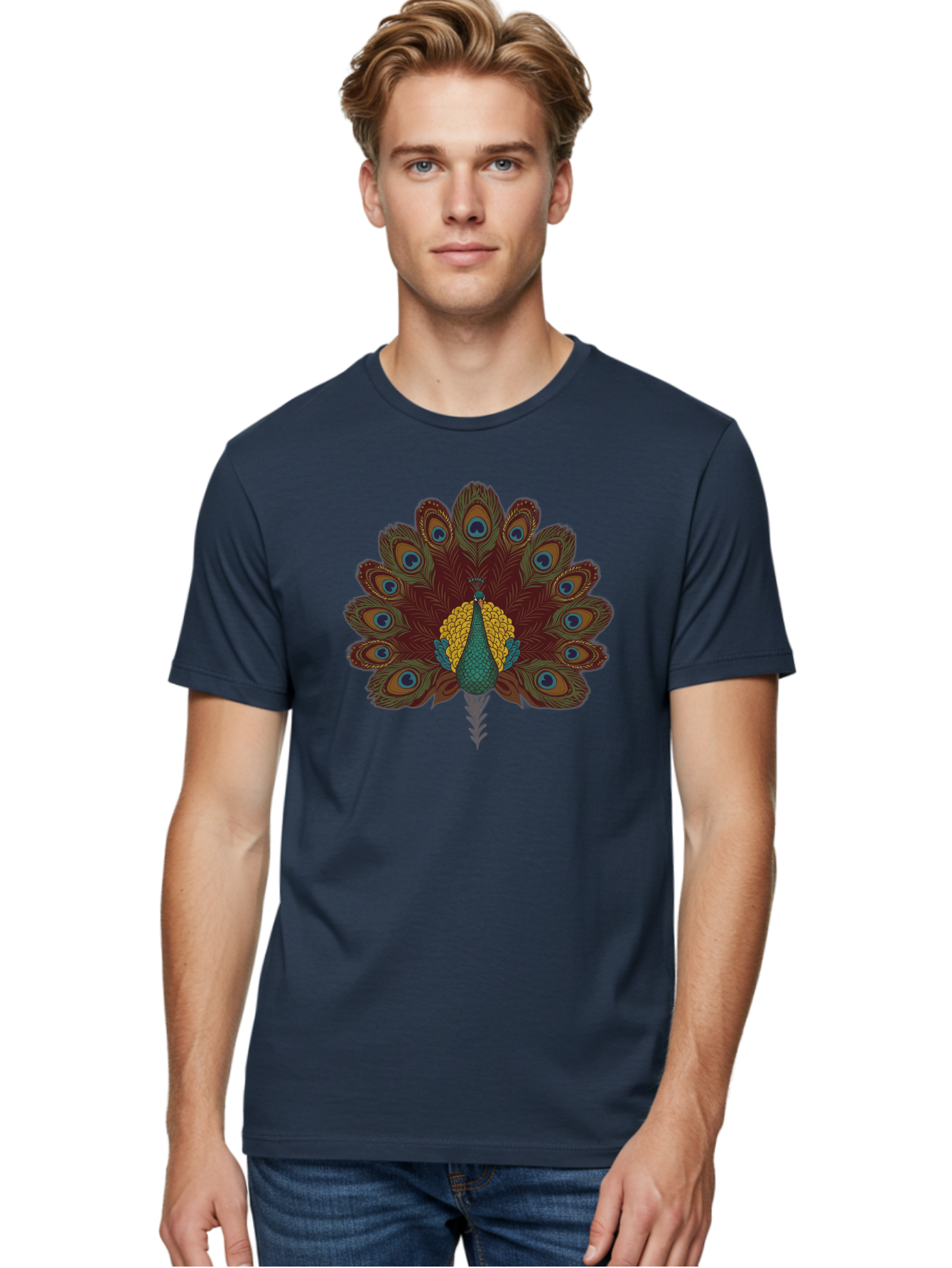 Peacock-Spreading-Tail-Feathers Men'S Graphic Tee, 100% Cotton, Comfortable Casual Summer Wear, Machine Washable, Peacock, Vibrant Plumage, Intricate Details, Mesmerizing Patterns, Ornate Feathers, Regal Bird, Stunning Display, Bab129