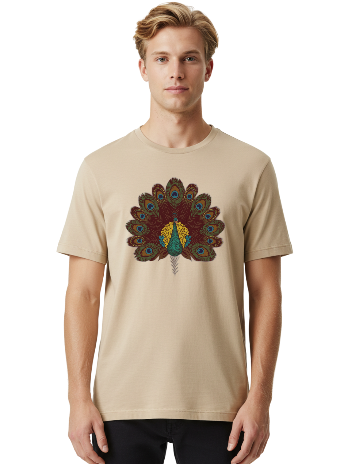 Peacock-Spreading-Tail-Feathers Men'S Graphic Tee, 100% Cotton, Comfortable Casual Summer Wear, Machine Washable, Peacock, Vibrant Plumage, Intricate Details, Mesmerizing Patterns, Ornate Feathers, Regal Bird, Stunning Display, Bab129
