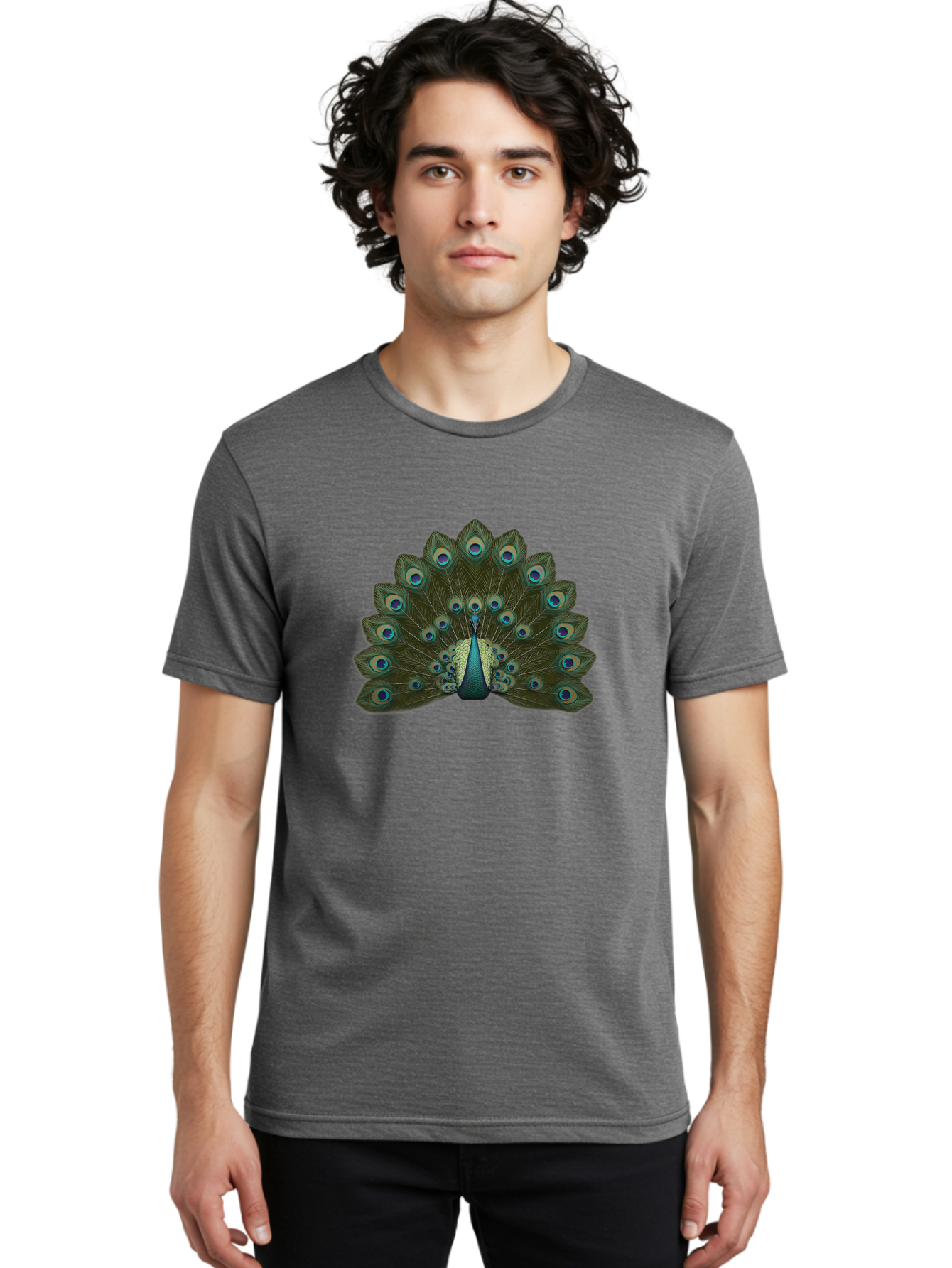Peacock-Tail-Feathers-1 Men'S Graphic Tee, 100% Cotton, Comfortable Casual Summer Wear, Machine Washable, Peacock Feathers, Vibrant Colors, Blue And Green Hues, Eye-Catching Display, Exotic Bird, Wildlife Photography, Feathered Fan, Bab131