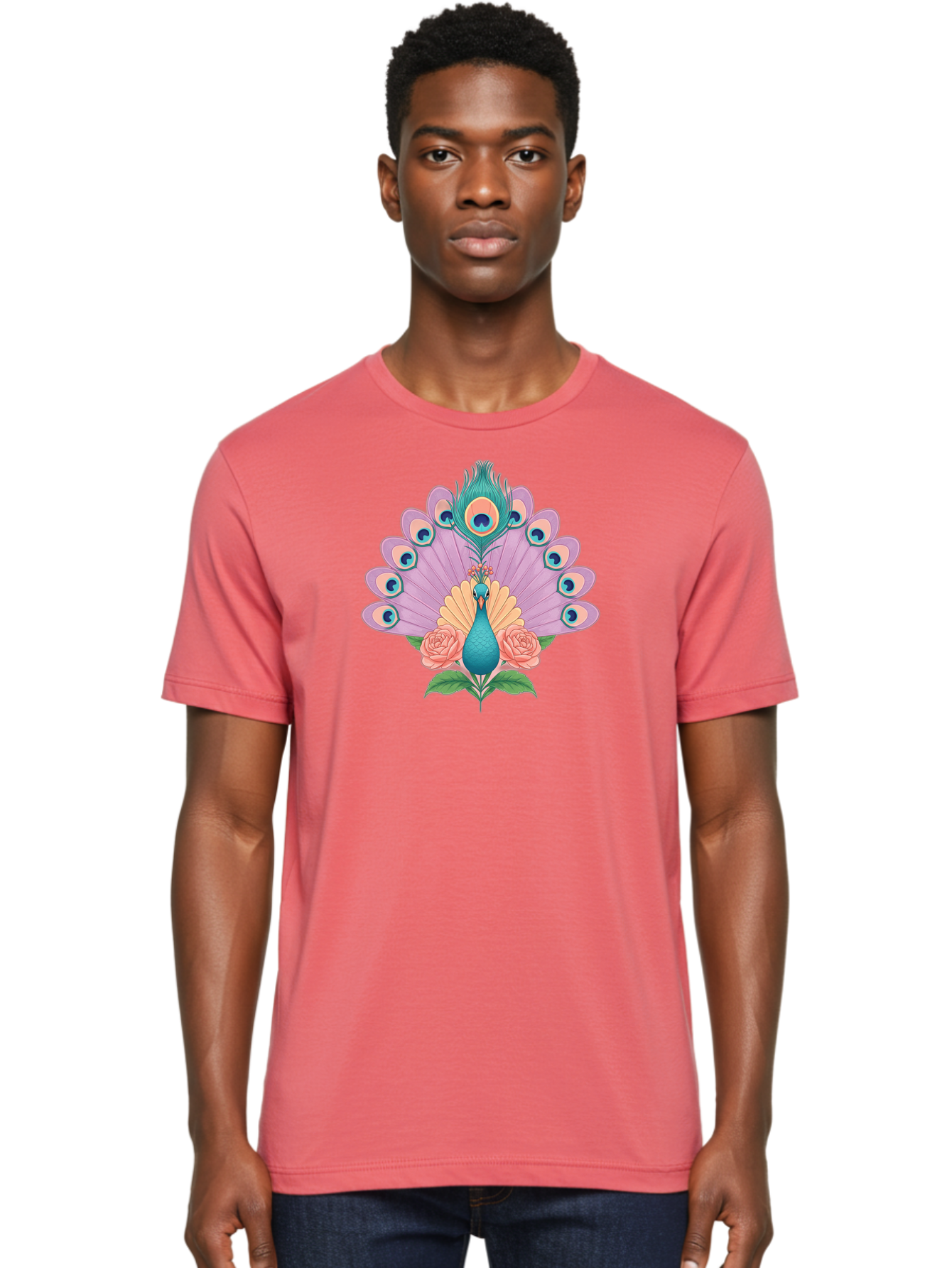 Peacock-With-Roses Men'S Graphic Tee, 100% Cotton, Comfortable Casual Summer Wear, Machine Washable, Peacock With Colorful Feathers, Vibrant Plumage, Blue And Pink Hues, Floral Accents, Pink Roses, Exotic Bird, Artistic Design, Bab136
