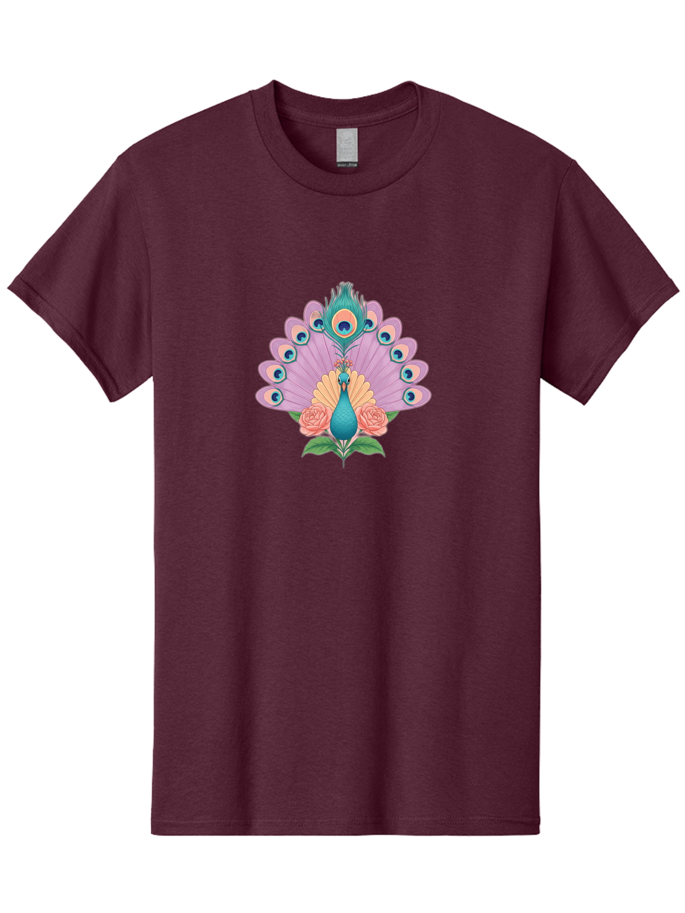Peacock-With-Roses Men'S Graphic Tee, 100% Cotton, Comfortable Casual Summer Wear, Machine Washable, Peacock With Colorful Feathers, Vibrant Plumage, Blue And Pink Hues, Floral Accents, Pink Roses, Exotic Bird, Artistic Design, Bab136