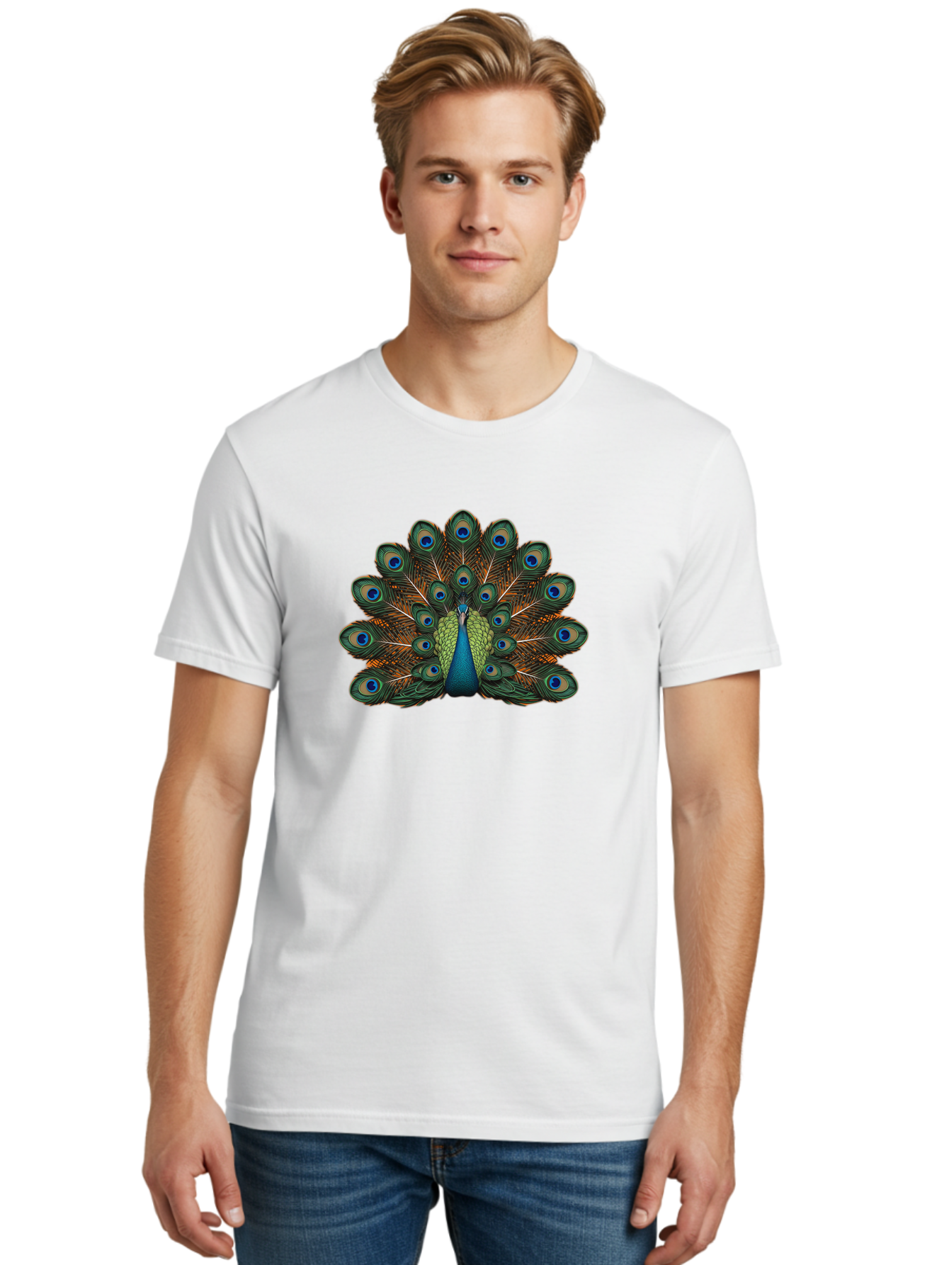 Peacock-With-Tail-Feathers-Spread Men'S Graphic Tee, 100% Cotton, Comfortable Casual Summer Wear, Machine Washable, Peacock, Vibrant Feathers, Blue Eyespots, Green And Gold Plumage, Majestic Bird, Exotic Beauty, Colorful Display, Ornate Tail Bab137