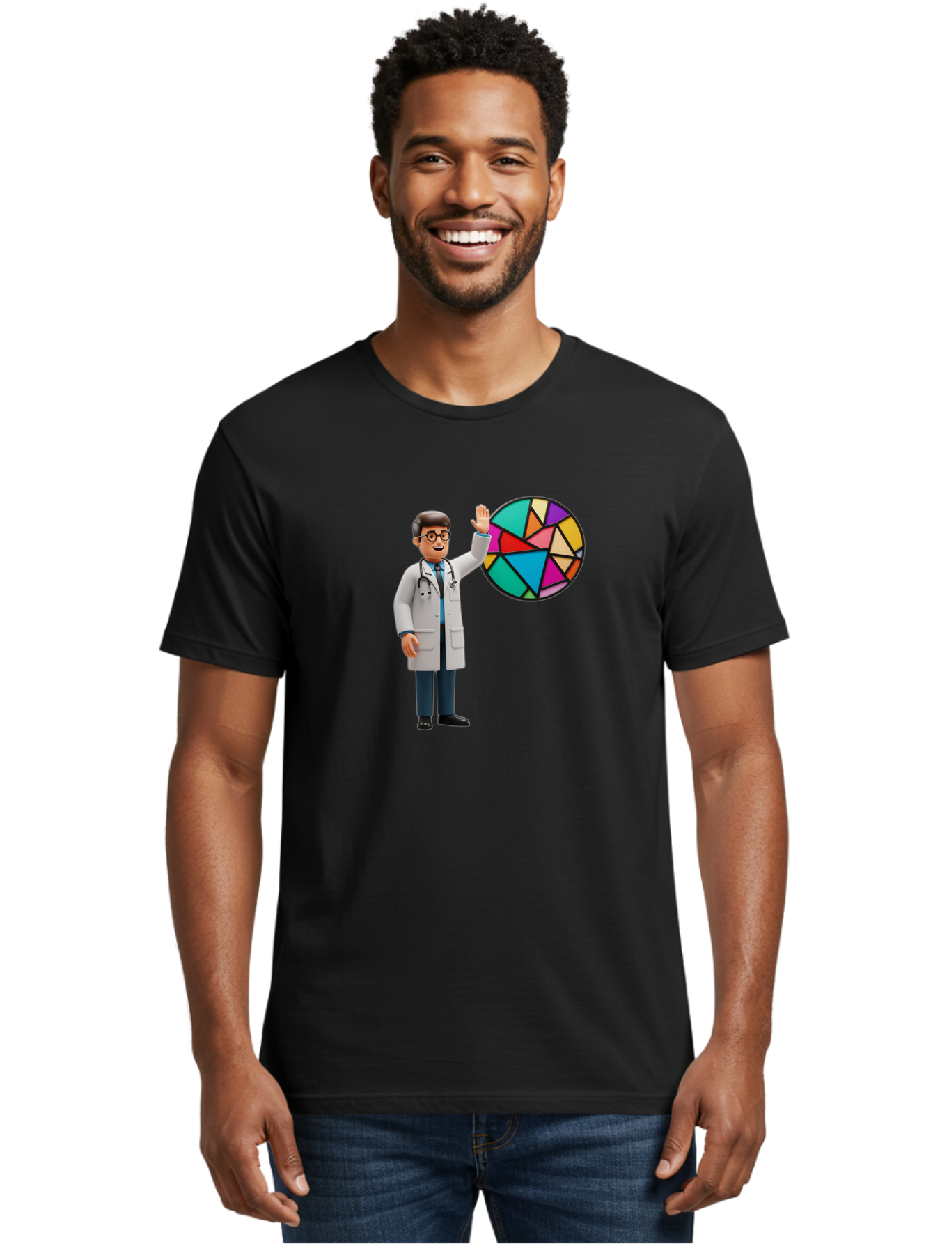 Pie-Chart-Doctor Men'S Graphic Tee, 100% Cotton, Comfortable Casual Summer Wear, Machine Washable, Male Doctor Waving Hand, Pie Chart Illustration, Colorful Graph, Data Analysis, Medical Professional, Healthcare Statistics, Colorful Chart, Bab139