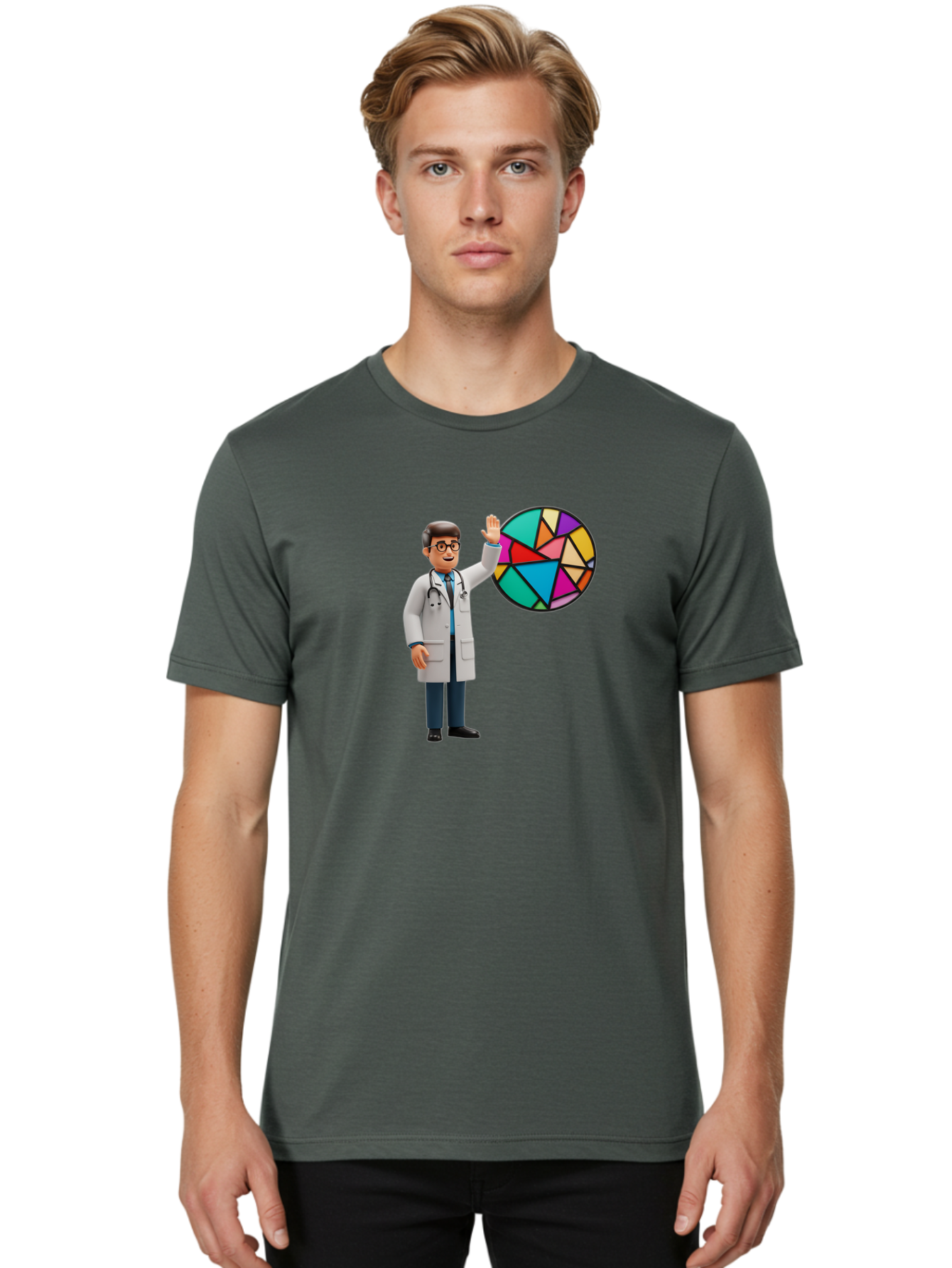 Pie-Chart-Doctor Men'S Graphic Tee, 100% Cotton, Comfortable Casual Summer Wear, Machine Washable, Male Doctor Waving Hand, Pie Chart Illustration, Colorful Graph, Data Analysis, Medical Professional, Healthcare Statistics, Colorful Chart, Bab139