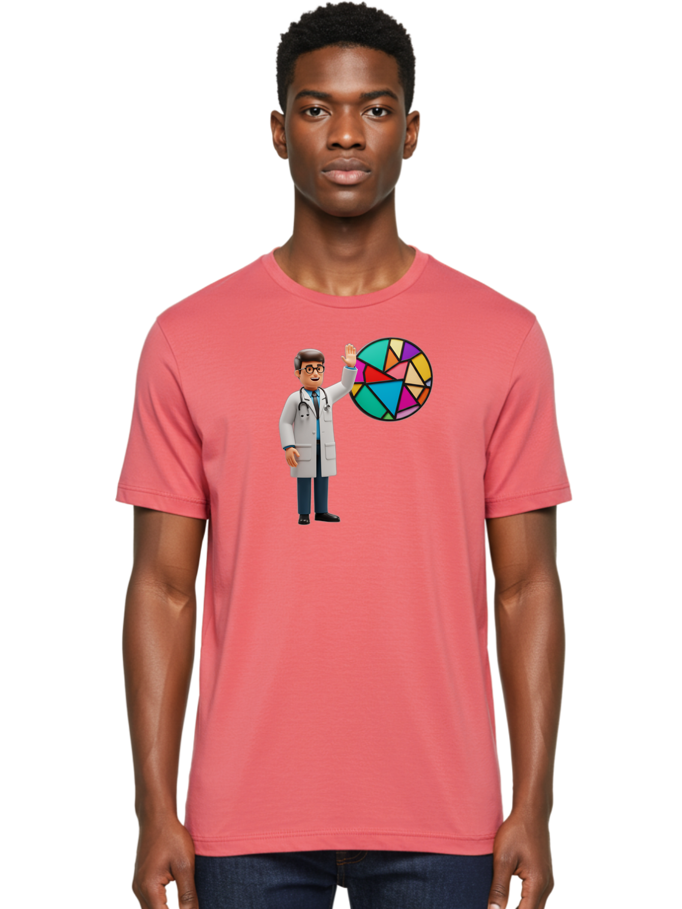 Pie-Chart-Doctor Men'S Graphic Tee, 100% Cotton, Comfortable Casual Summer Wear, Machine Washable, Male Doctor Waving Hand, Pie Chart Illustration, Colorful Graph, Data Analysis, Medical Professional, Healthcare Statistics, Colorful Chart, Bab139