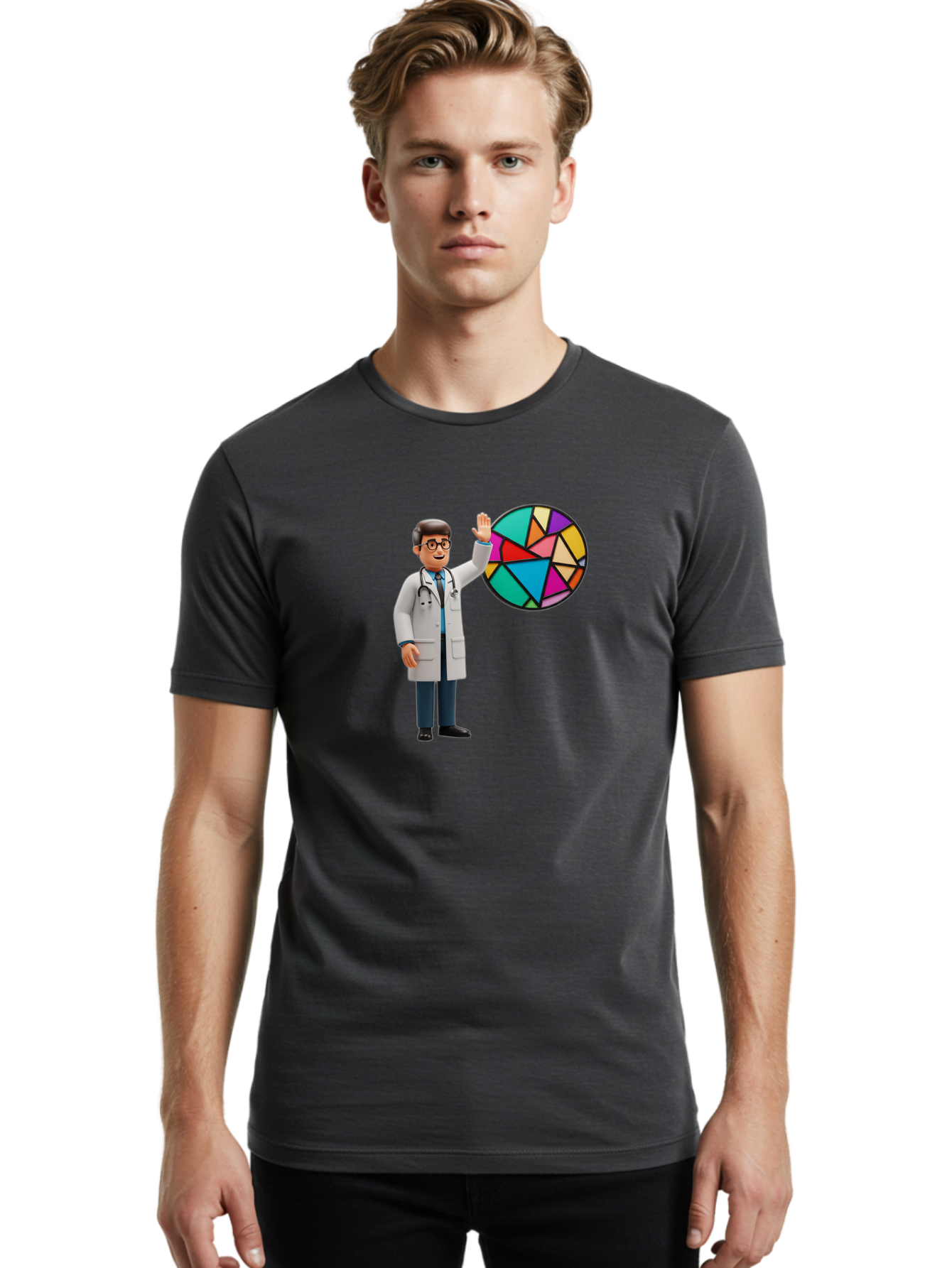 Pie-Chart-Doctor Men'S Graphic Tee, 100% Cotton, Comfortable Casual Summer Wear, Machine Washable, Male Doctor Waving Hand, Pie Chart Illustration, Colorful Graph, Data Analysis, Medical Professional, Healthcare Statistics, Colorful Chart, Bab139