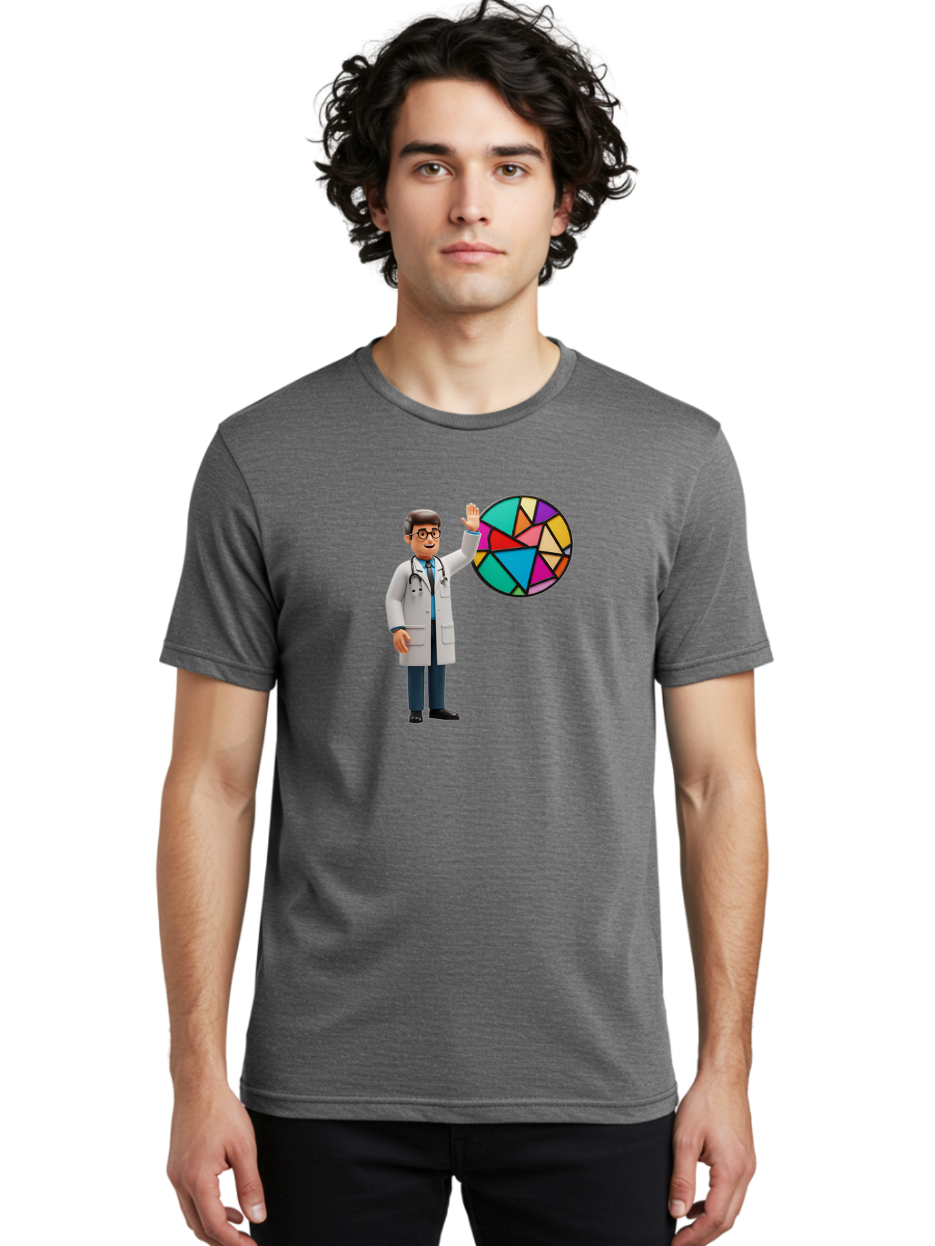 Pie-Chart-Doctor Men'S Graphic Tee, 100% Cotton, Comfortable Casual Summer Wear, Machine Washable, Male Doctor Waving Hand, Pie Chart Illustration, Colorful Graph, Data Analysis, Medical Professional, Healthcare Statistics, Colorful Chart, Bab139