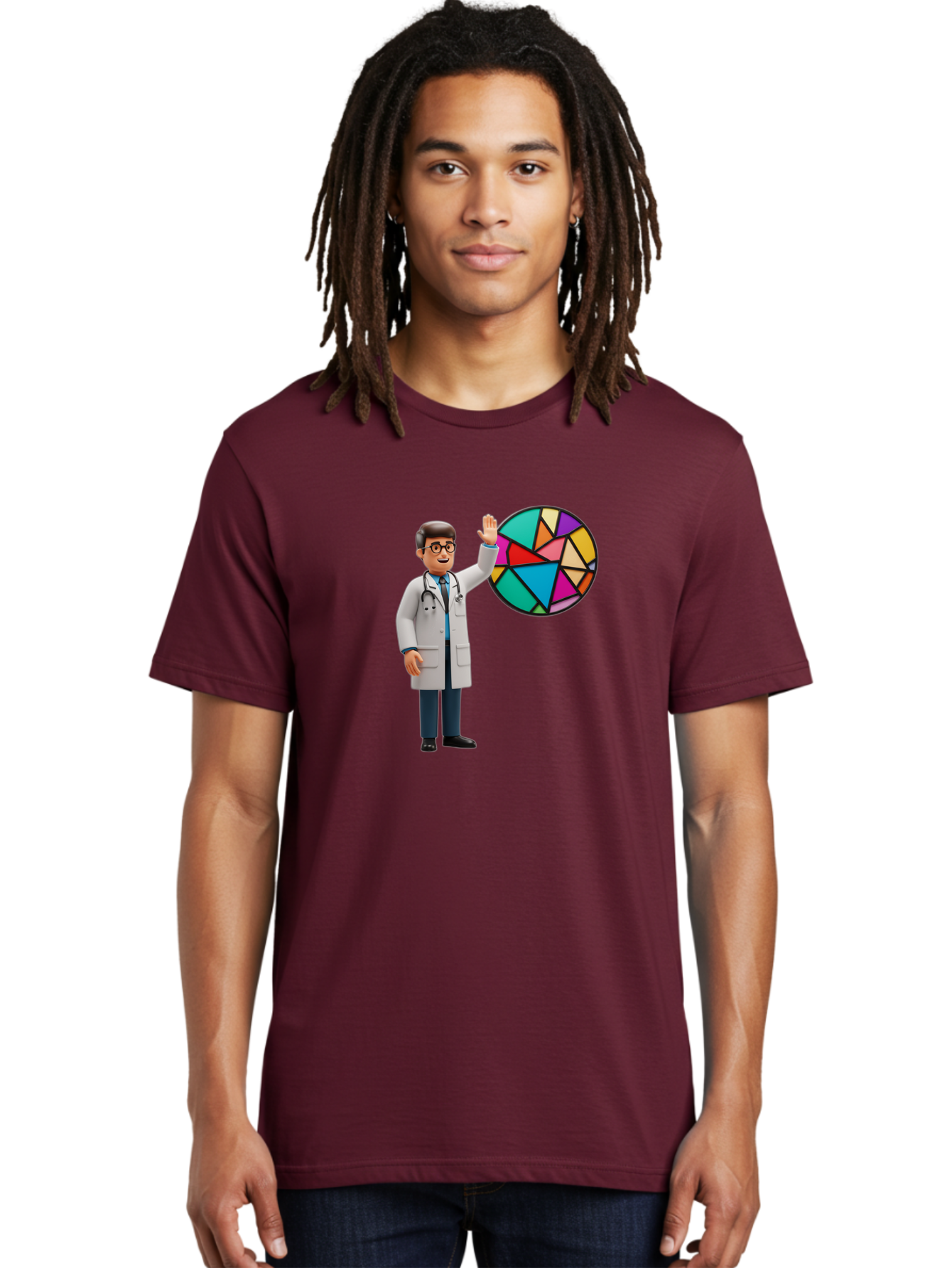 Pie-Chart-Doctor Men'S Graphic Tee, 100% Cotton, Comfortable Casual Summer Wear, Machine Washable, Male Doctor Waving Hand, Pie Chart Illustration, Colorful Graph, Data Analysis, Medical Professional, Healthcare Statistics, Colorful Chart, Bab139