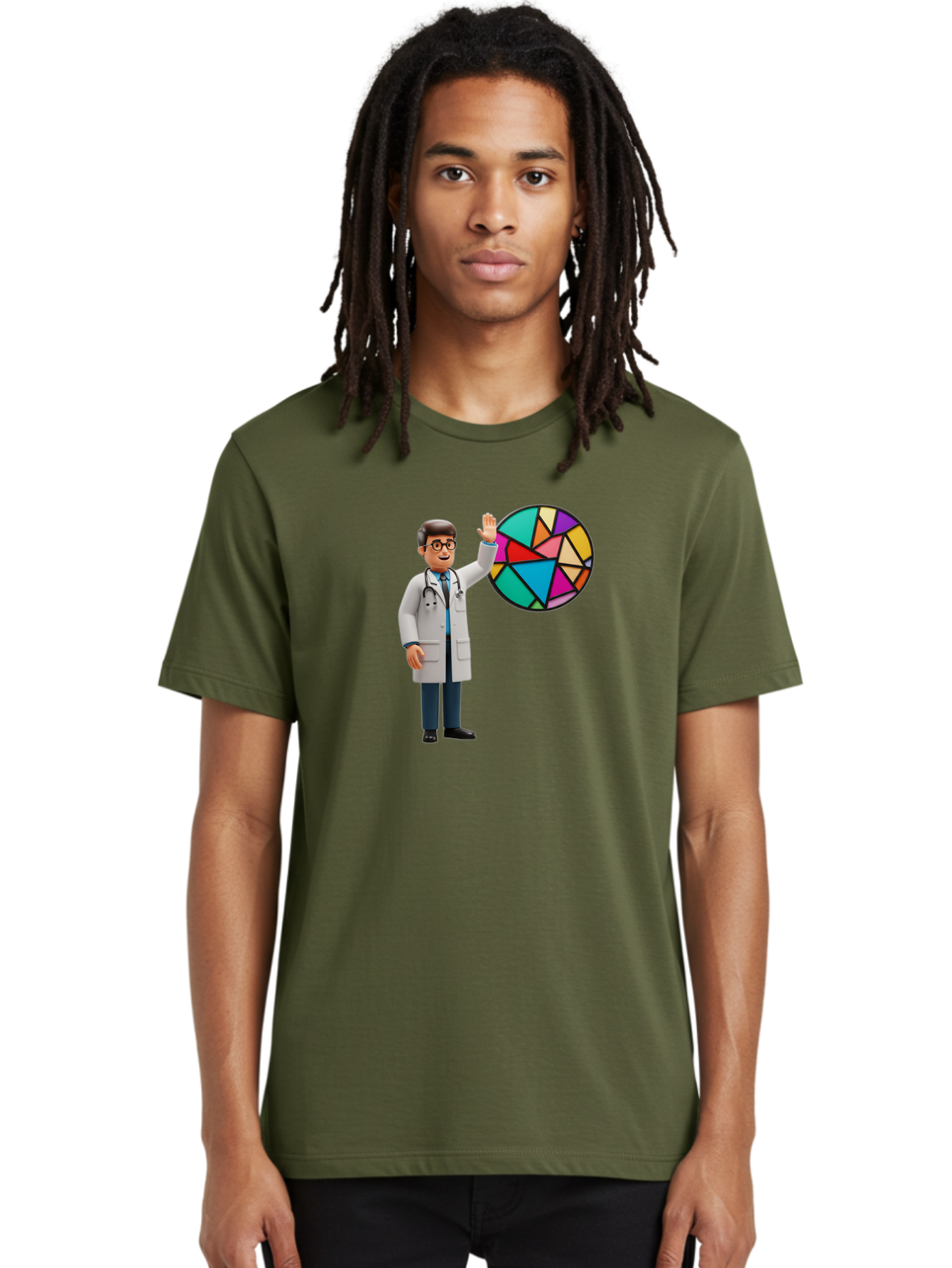 Pie-Chart-Doctor Men'S Graphic Tee, 100% Cotton, Comfortable Casual Summer Wear, Machine Washable, Male Doctor Waving Hand, Pie Chart Illustration, Colorful Graph, Data Analysis, Medical Professional, Healthcare Statistics, Colorful Chart, Bab139